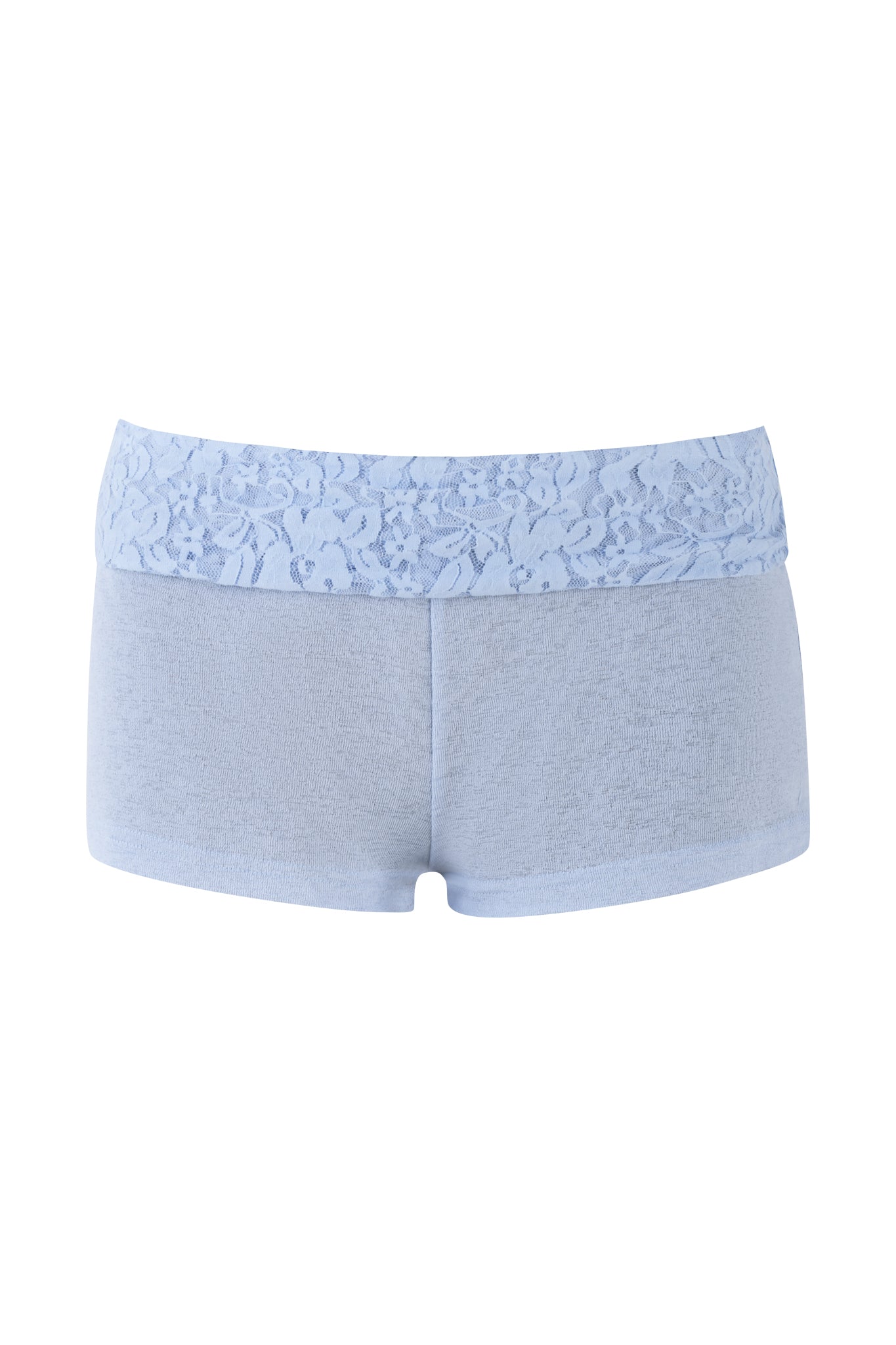 HURLEY SHORT - BLUE by I.AM.GIA, featuring a soft texture, ice blue hue, lace waistband, and a bodycon fit.