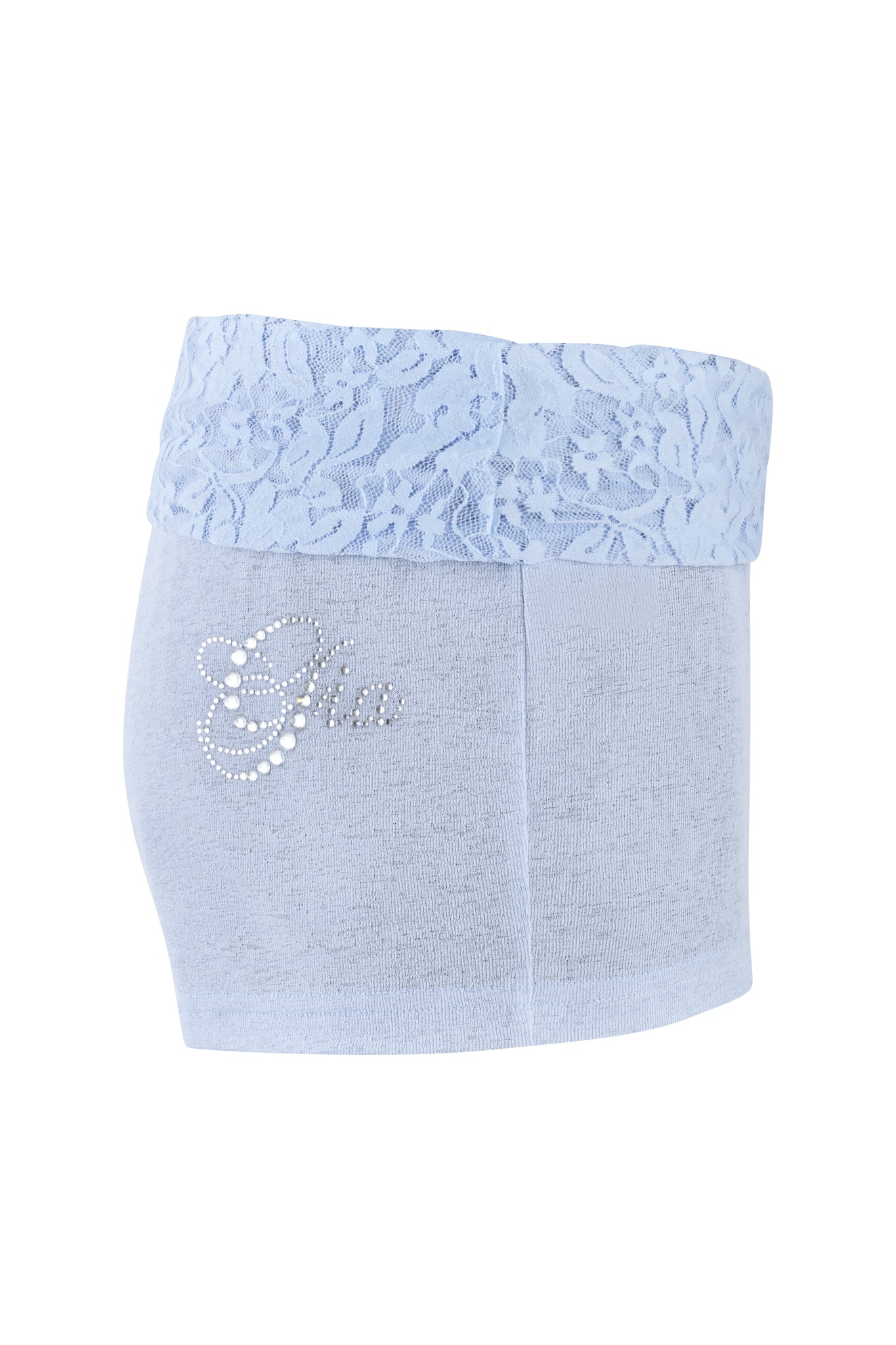 A stylish baby blue maternity support belt from I.AM.GIA, known as the HURLEY SHORT - BLUE, showcases a lace waistband adorned with decorative rhinestones in a captivating design.