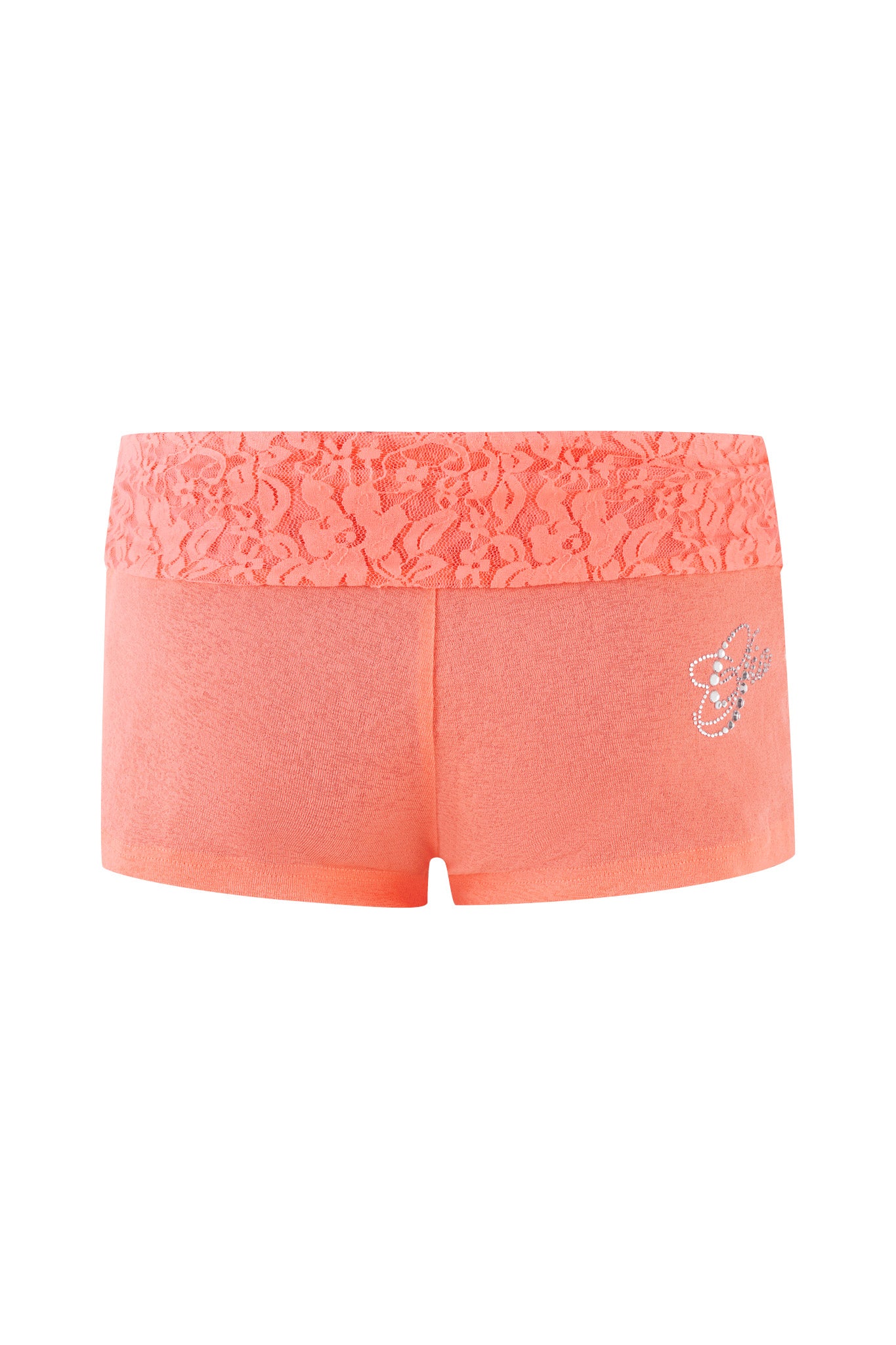 The HURLEY SHORT - ORANGE : CORAL by I.AM.GIA features a pair of bright coral women’s shorts with a low-rise waist and a contrasting lace waistband. The floral lace pattern adds elegance, while the rhinestone design on the bottom left corner provides a sparkling touch. These orange mini booty shorts look soft and comfortable, perfect for casual wear.