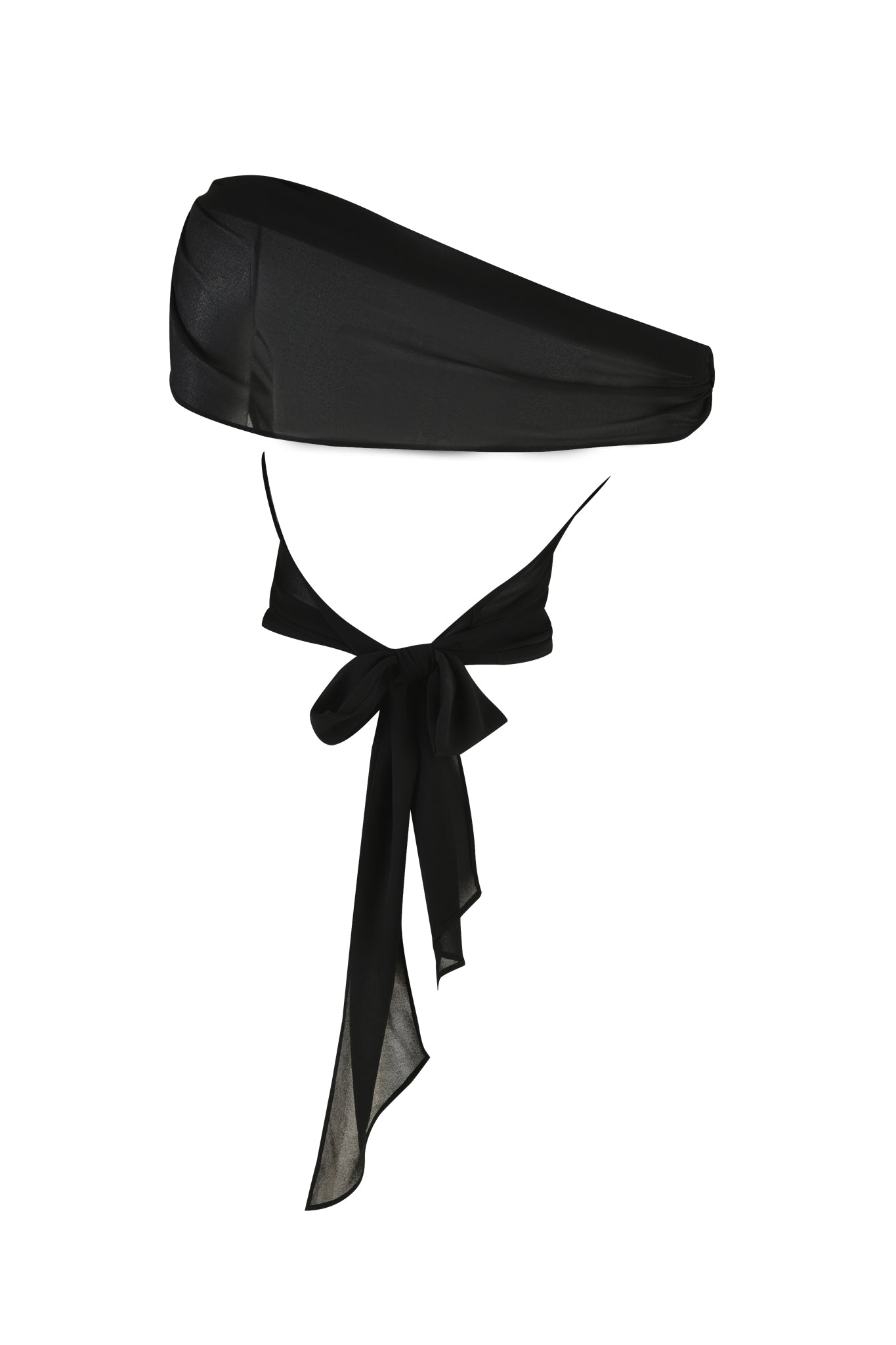 Check out the KAHLO TOP - BLACK by I.AM.GIA: a black, asymmetrical off-the-shoulder top featuring thin straps and a large bowtie detail in the front. Made from semi-sheer, slightly glossy georgette fabric, this top offers a modern and stylish design.