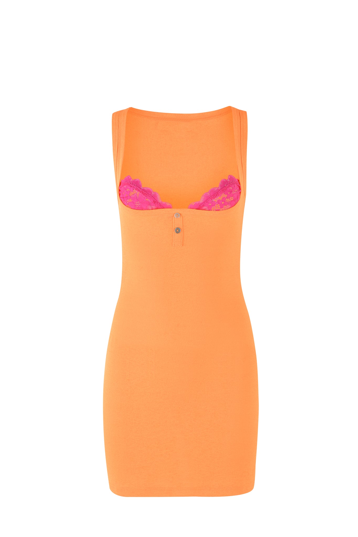 The PIPPA MINI DRESS - ORANGE : APRICOT by I.AM.GIA is a sleeveless, mini length bodycon tank dress with a scoop neckline and two front buttons. Made from high stretch jersey knit fabric, the vibrant dress reveals a bright pink lace bralette underneath. Displayed against a white background.