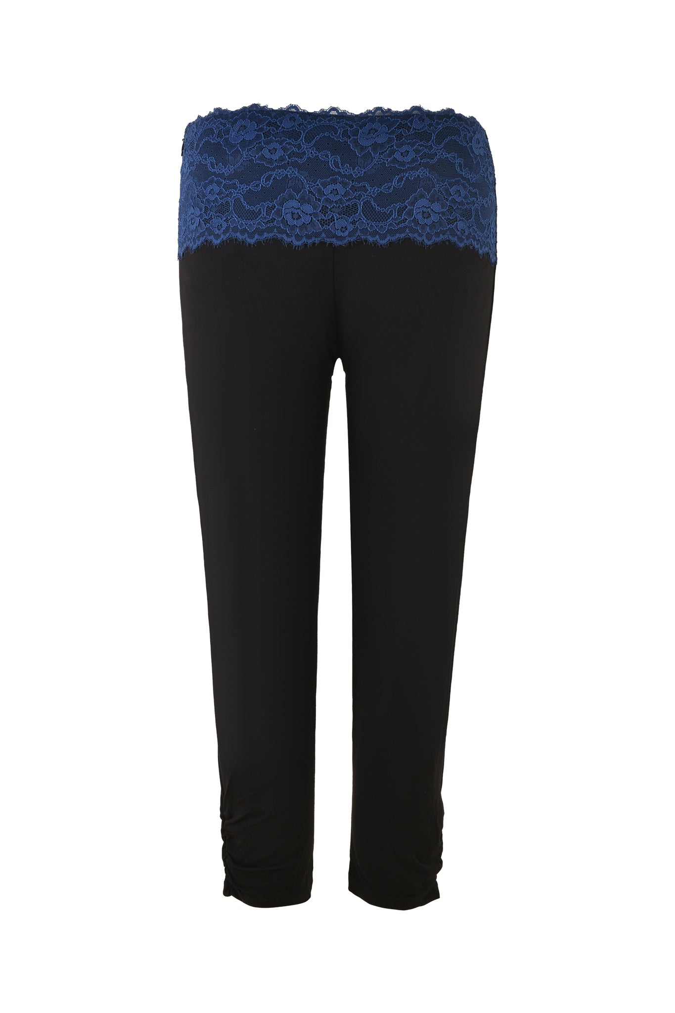 The ADELLA CAPRI - BLACK pants by I.AM.GIA feature a stretchy blue lace waistband. Designed with a bodycon silhouette, these leggings are enhanced with an intricate floral lace pattern at the waistband, adding a decorative touch.