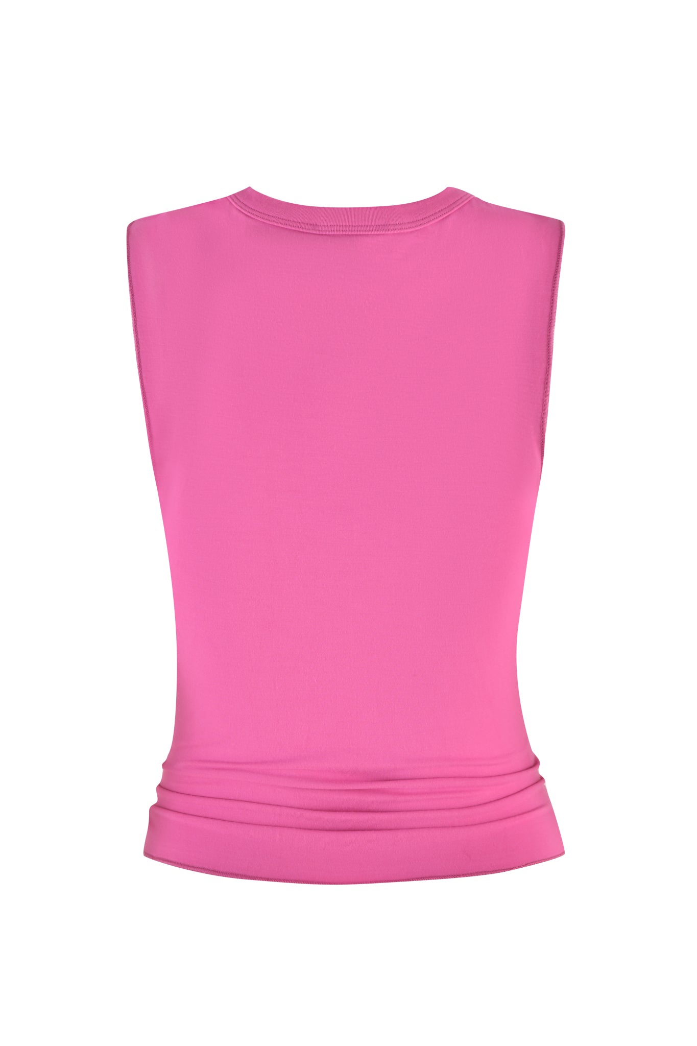 The KEHLANI TOP - PINK : NEON PINK by I.AM.GIA is showcased against a white background. This sleeveless top boasts a bodycon fit with a crew neckline and a fitted, slightly ruched waist. The back view emphasizes its simple and elegant design.
