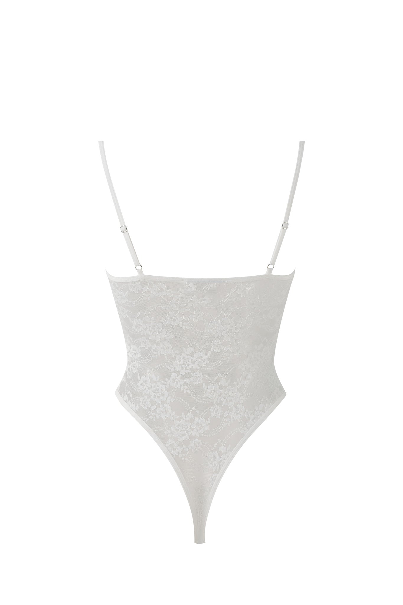 The PERLA BODYSUIT - WHITE from I.AM.GIA features intricate floral lace patterns, adjustable thin straps, and a high-cut leg design. The delicate, semi-transparent fabric lends an elegant and feminine touch. Beautifully suspended, the bodysuit showcases its exquisite structure perfectly.