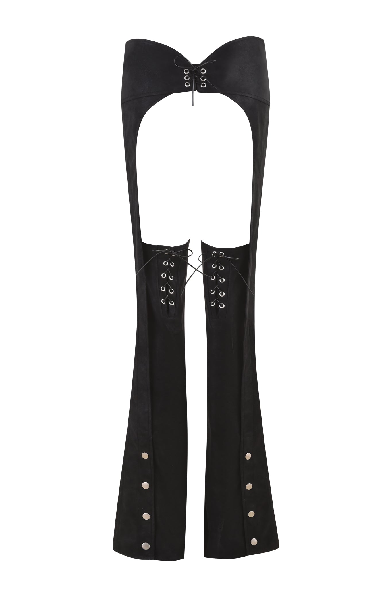 The ARIZONA CHAP PANT - BLACK by I.AM.GIA features silver eyelet lace-up details on the thighs and lower legs, complemented by silver button snaps running down the sides. The design boasts a mid-rise waist and an open front and back, complete with a belt-like waistband.