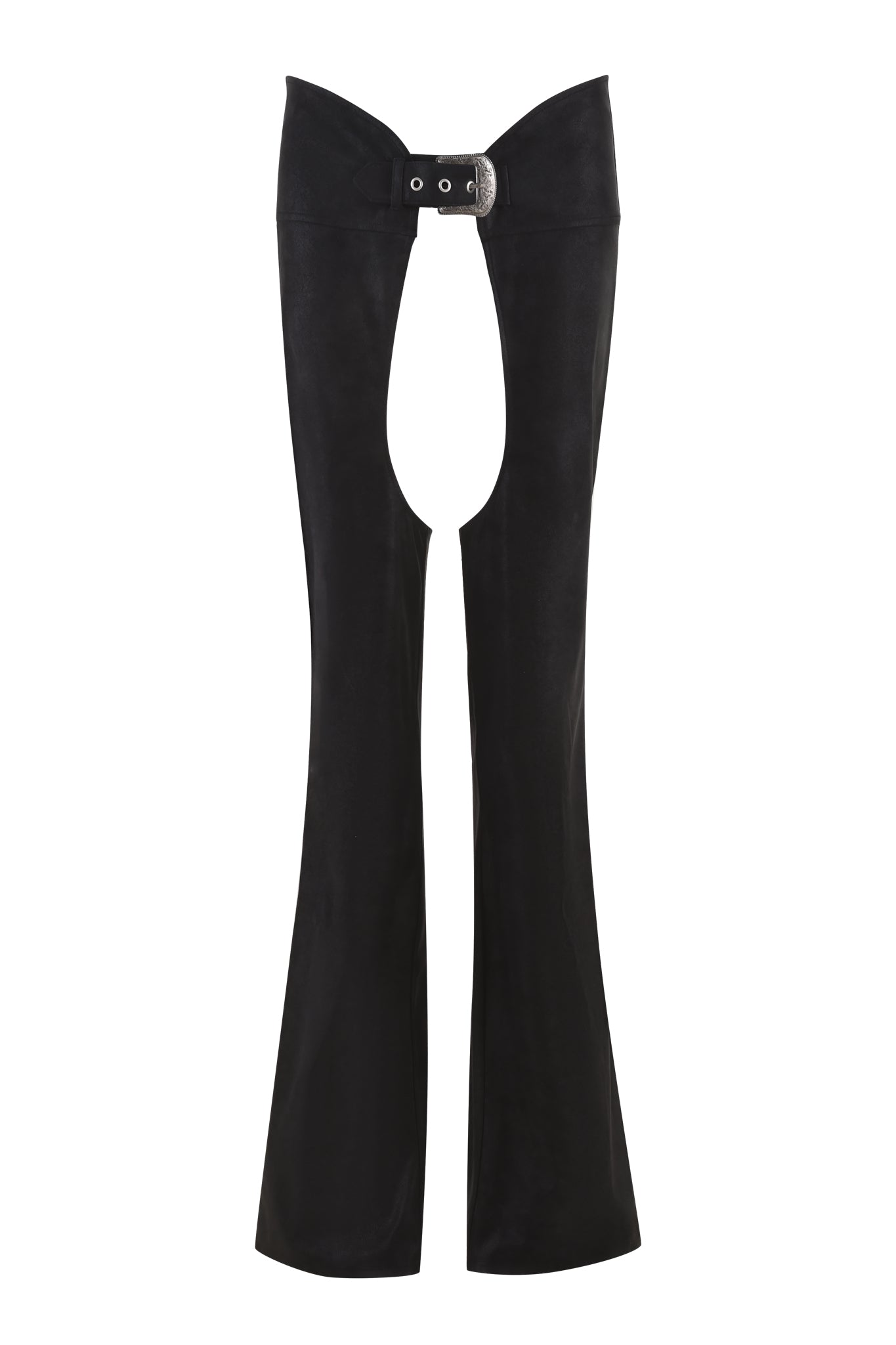 The ARIZONA CHAP PANT - BLACK by I.AM.GIA is a pair of black chap pants with a wide open front and back, featuring flared legs. These mid-rise pants are secured with a black belt buckle at the front, and their faux leather finish provides an edgy touch.