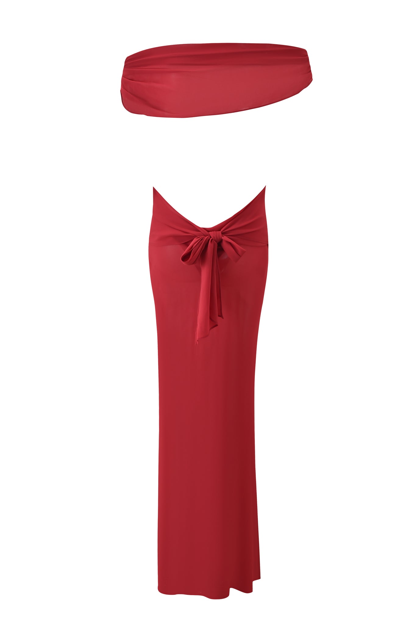 The KAHLO MAXI DRESS - RED by I.AM.GIA is a two-piece set with a strapless bandeau top and matching red ankle-length skirt featuring a front tie detail, shown on a white background.