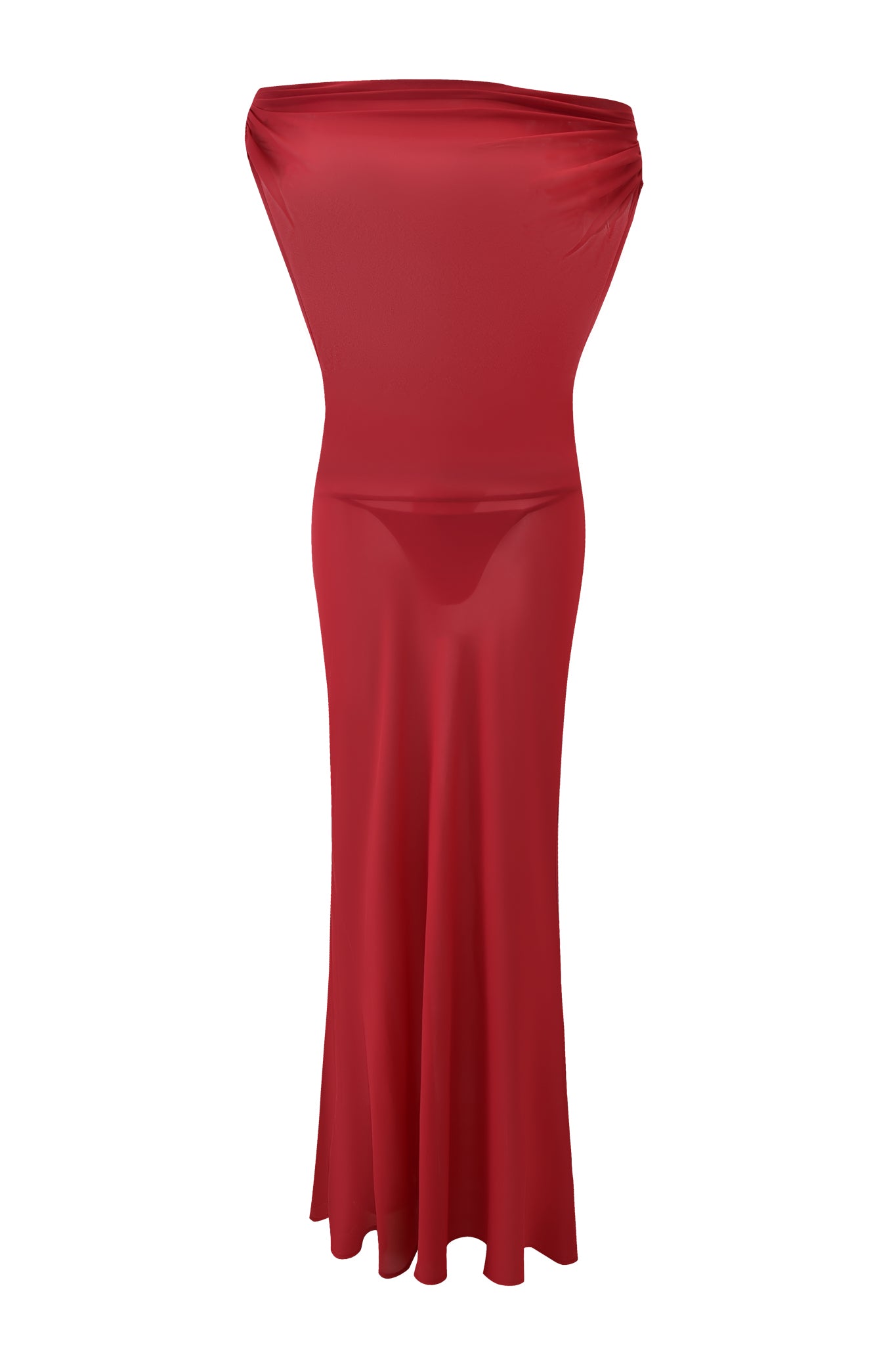 The I.AM.GIA KAHLO MAXI DRESS - RED is a smooth, shiny off-shoulder dress with a fitted bodice and flowing floor-length skirt for an elegant look.