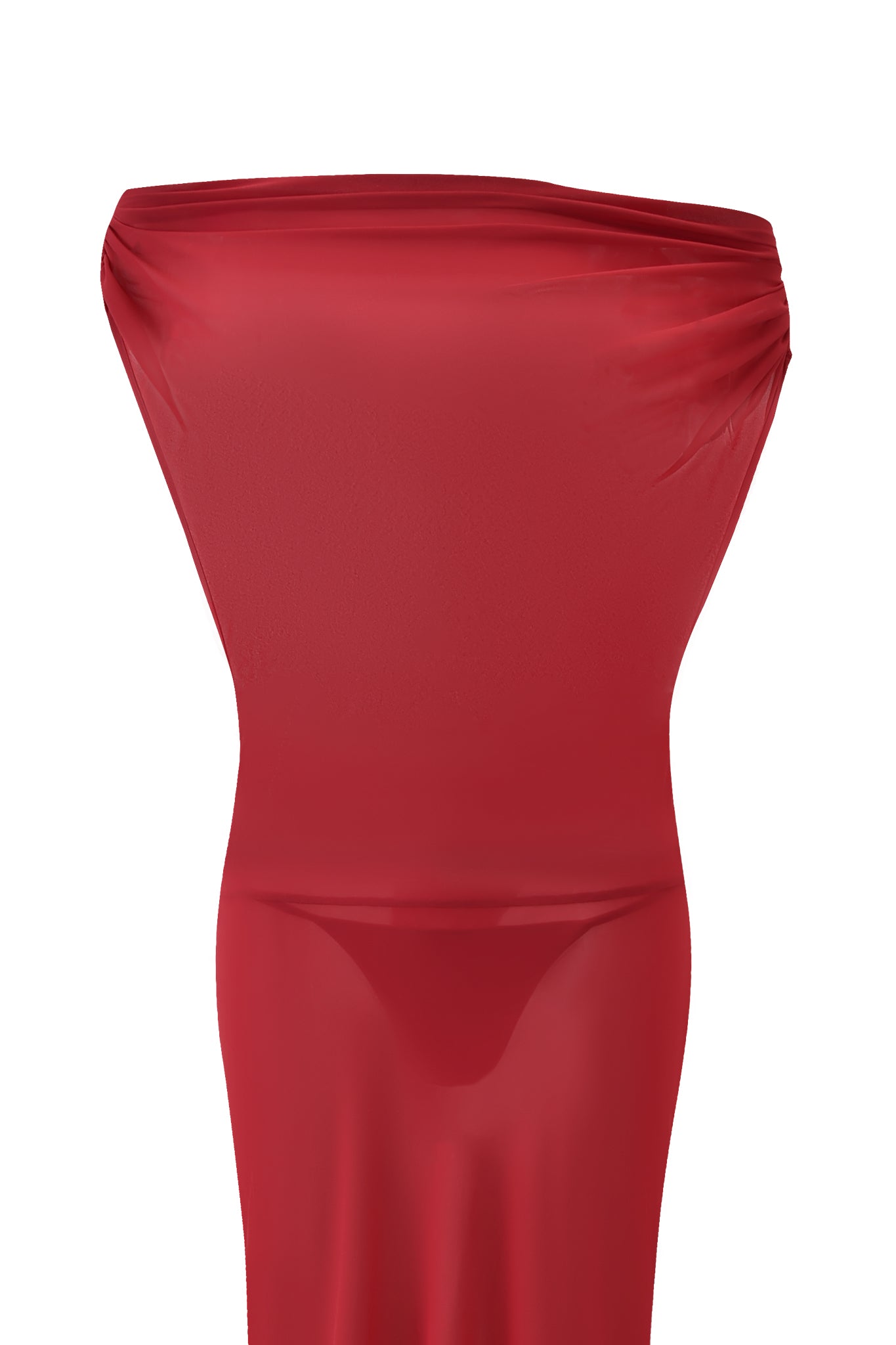 A person is wrapped head-to-toe in the sheer red KAHLO MAXI DRESS by I.AM.GIA, including their face, standing against a plain white background.