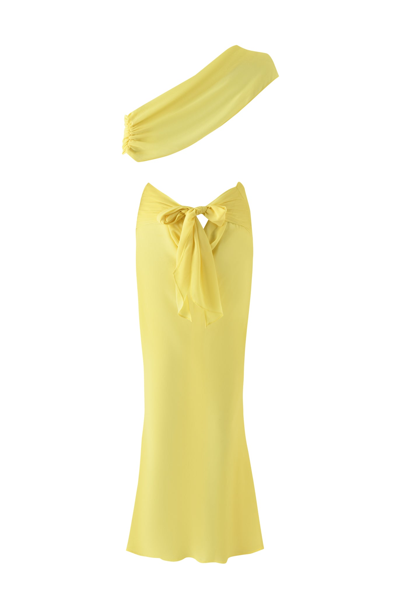The KAHLO MAXI DRESS - YELLOW by I.AM.GIA is a lightweight georgette two-piece with a strapless bandeau top and high-waisted, ankle-length skirt featuring a large front bow for an airy, elegant look.