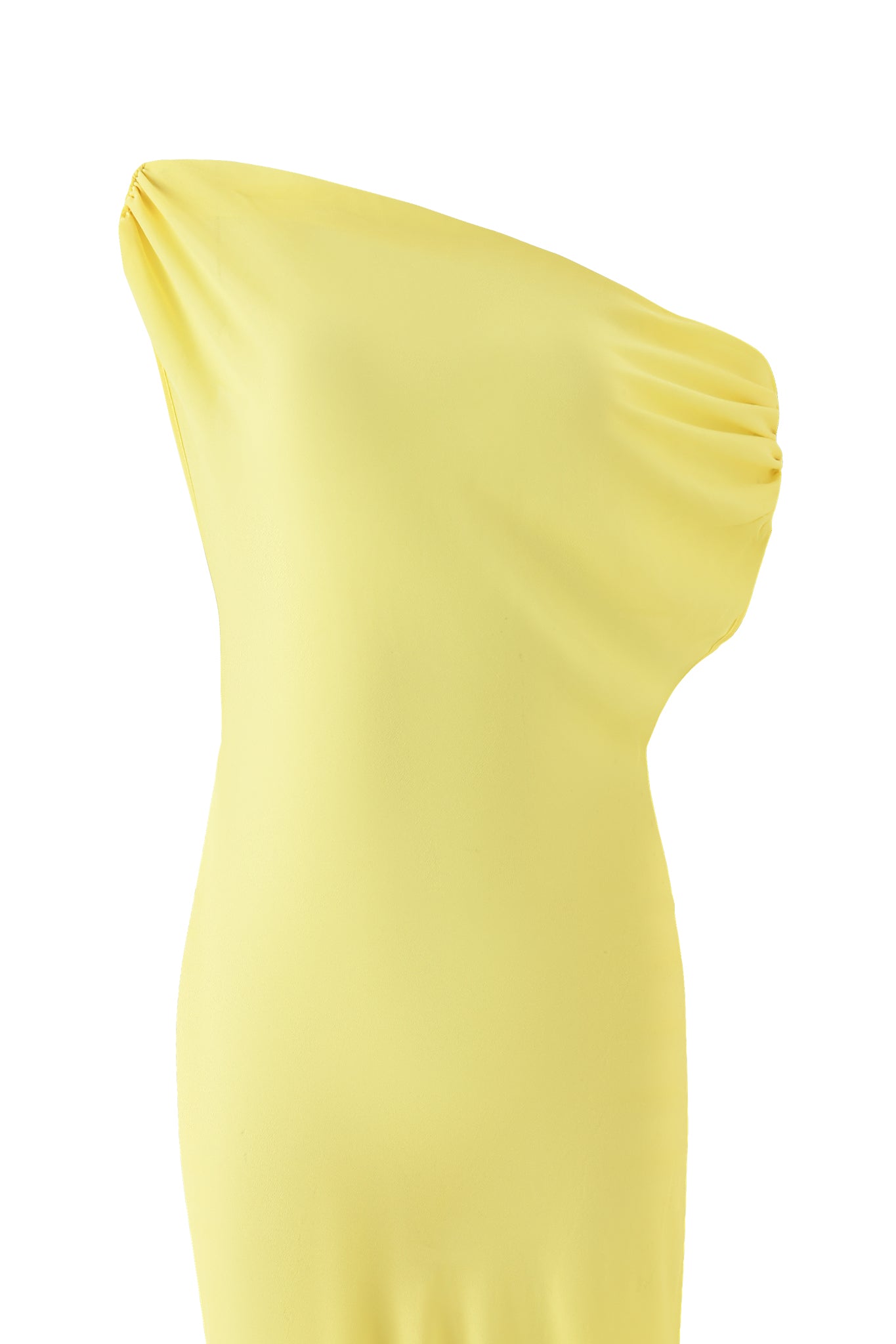 The KAHLO MAXI DRESS - YELLOW by I.AM.GIA is a one-shoulder georgette dress with a draped design, gentle shoulder gathers, and a smooth, fitted silhouette. Shown on a plain white background.