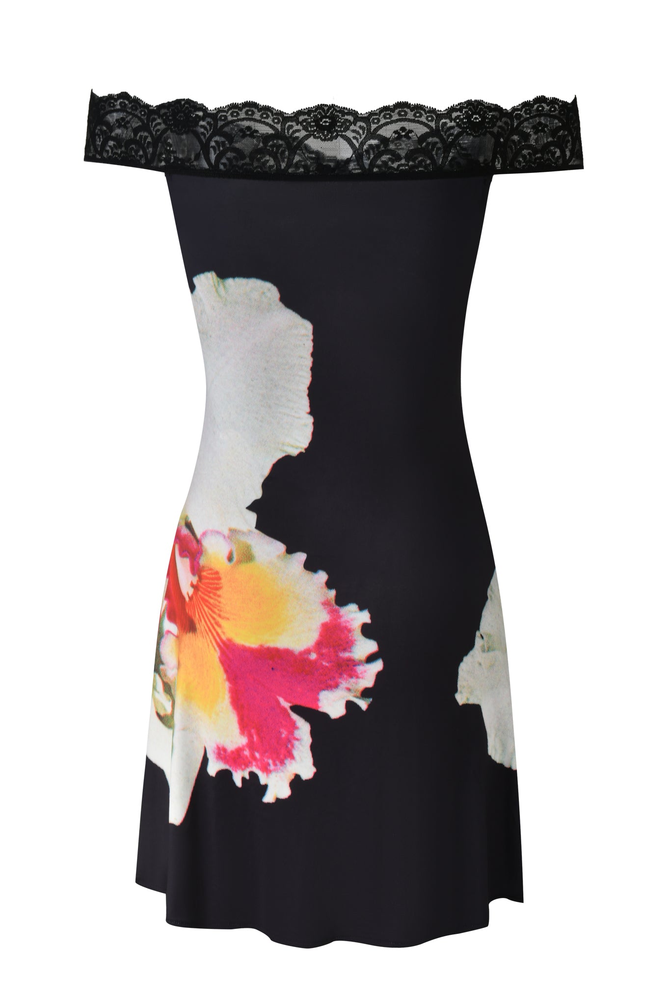 The THEODORA MINI DRESS - BLACK by I.AM.GIA is a black mini dress with an off-shoulder lace-trimmed neckline and a bold, colorful floral print featuring pink, yellow, and white petals on the skirt.