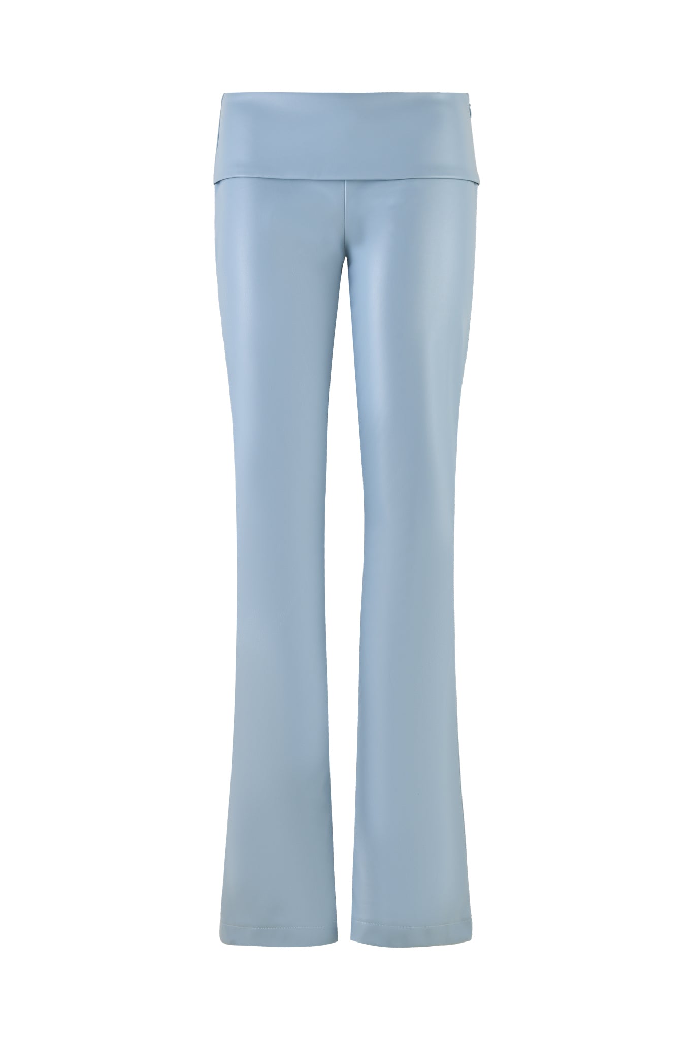 Introducing the AMALTHEA PANT - BLUE : BABY BLUE by I.AM.GIA, featuring high-waisted yoga pants crafted from smooth and stretchy faux leather. These baby blue pants boast flared legs and a wide waistband, offering a bodycon fit that enhances your silhouette. Ideal for both exercise and casual wear, they are presented on a plain white background for a modern look.