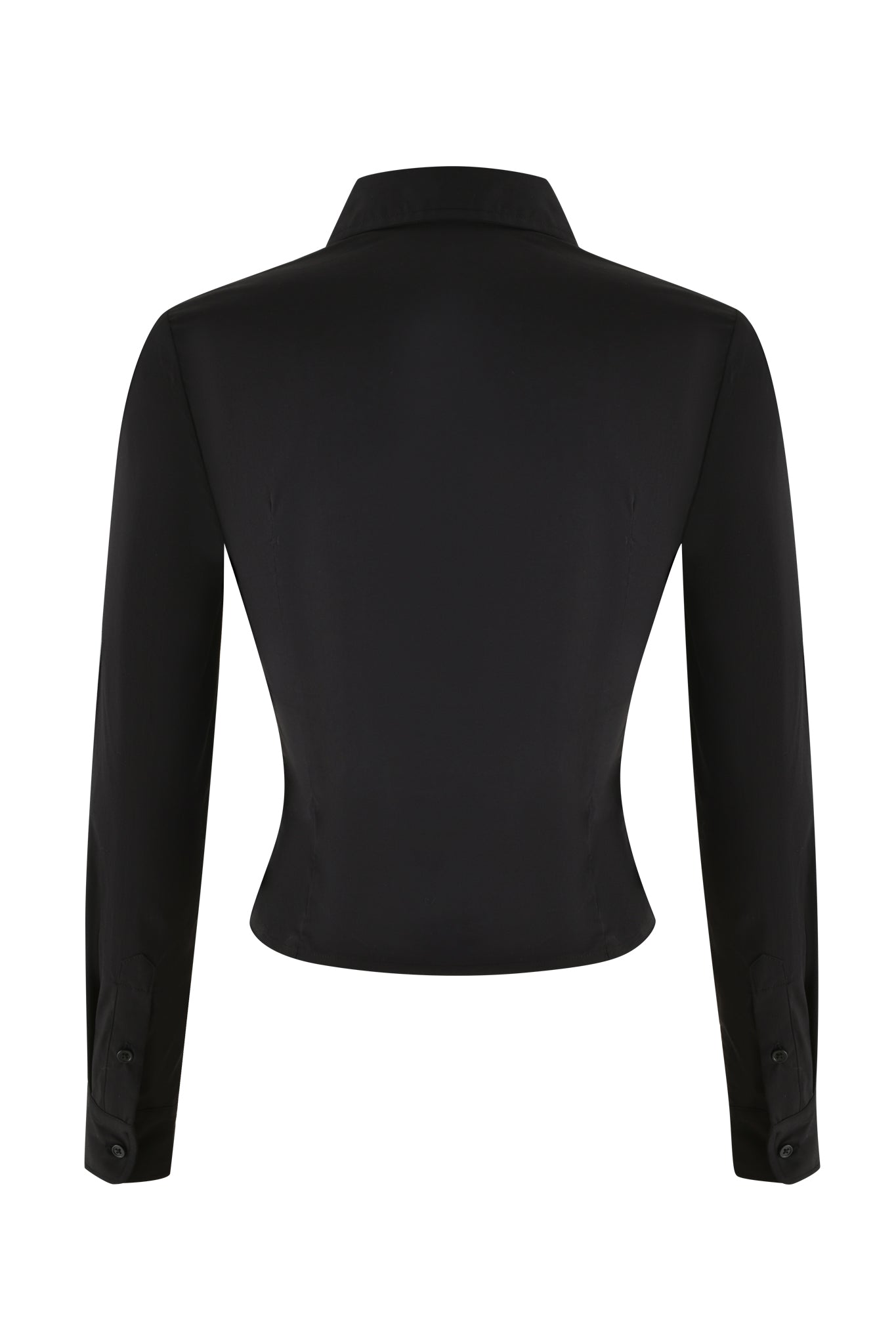 The back view of a fitted black blazer mirrors the elegance of the MONICA SHIRT - BLACK by I.AM.GIA, featuring a collared neckline and tailored slim fit. The buttoned cuffs and sleek design in smooth, slightly glossy fabric exude sophistication.