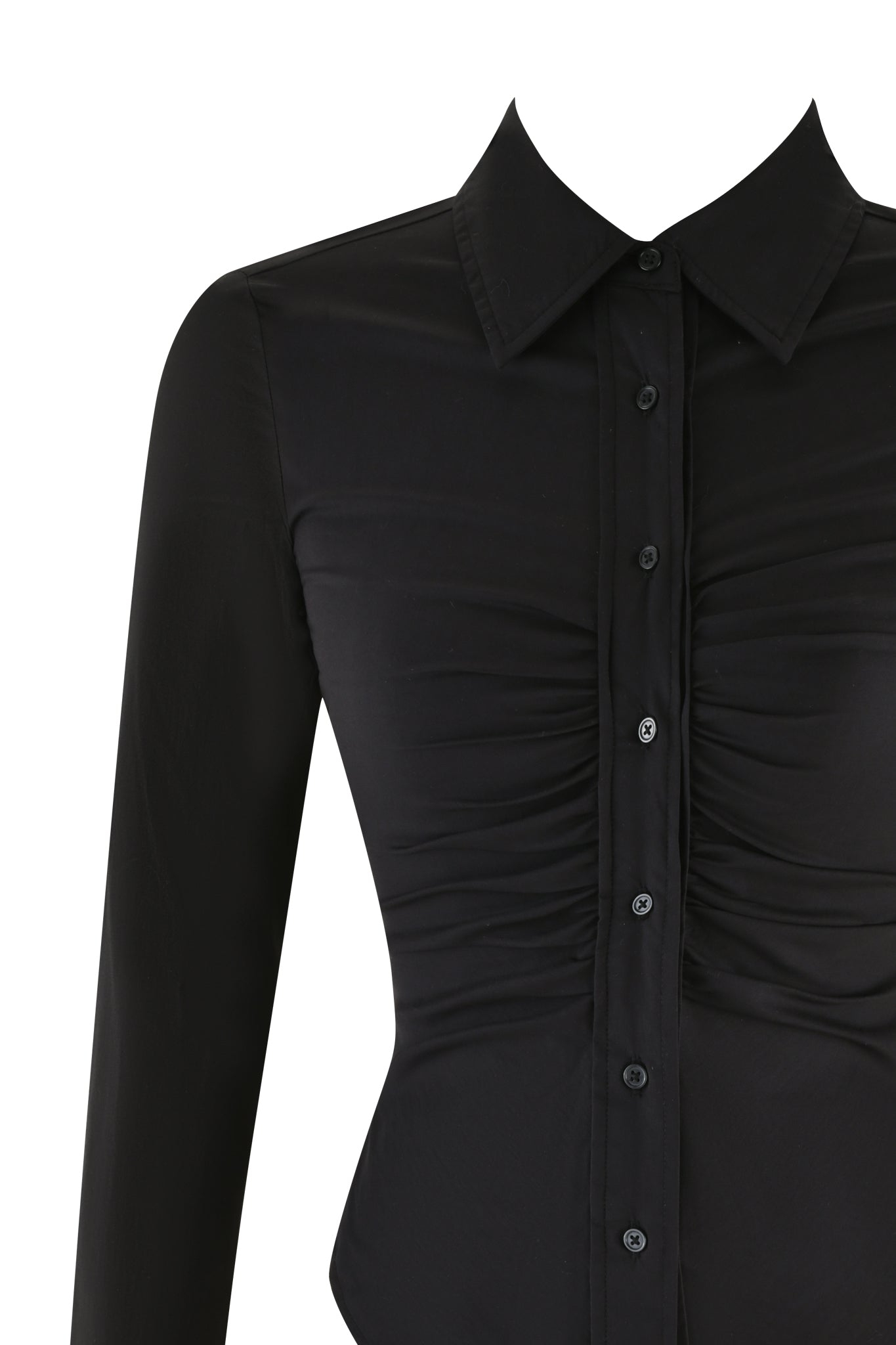 The MONICA SHIRT - BLACK by I.AM.GIA is a black, long-sleeve button-up with a ruched front. This elegant slim-fit shirt has a classic collar and is showcased against a white background.