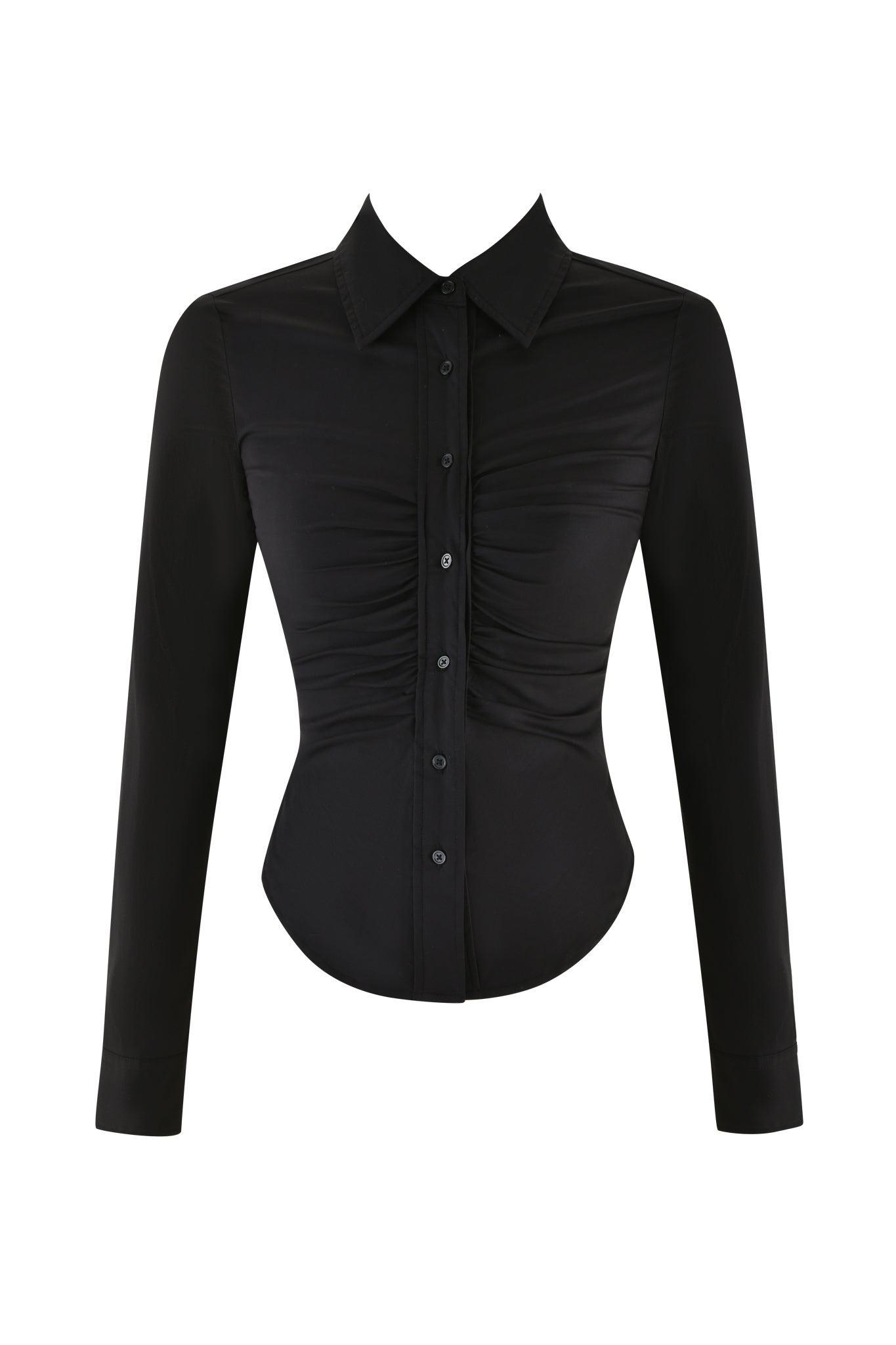 The I.AM.GIA MONICA SHIRT - BLACK is a chic button-up blouse with a collared neckline and long sleeves, featuring a tailored slim fit with a ruched, fitted bodice that beautifully accentuates the waist.