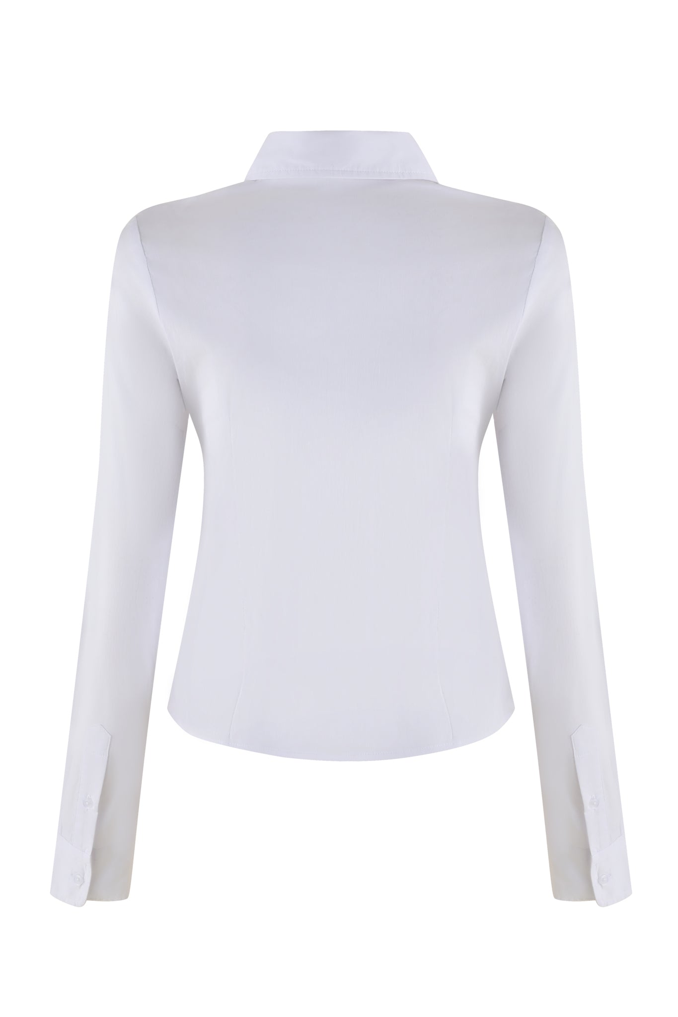A back view of the MONICA SHIRT - WHITE by I.AM.GIA, showcasing its long sleeves. The shirt features a classic collar and buttoned cuffs, with a tailored slim fit design. The fabric appears smooth and crisp.