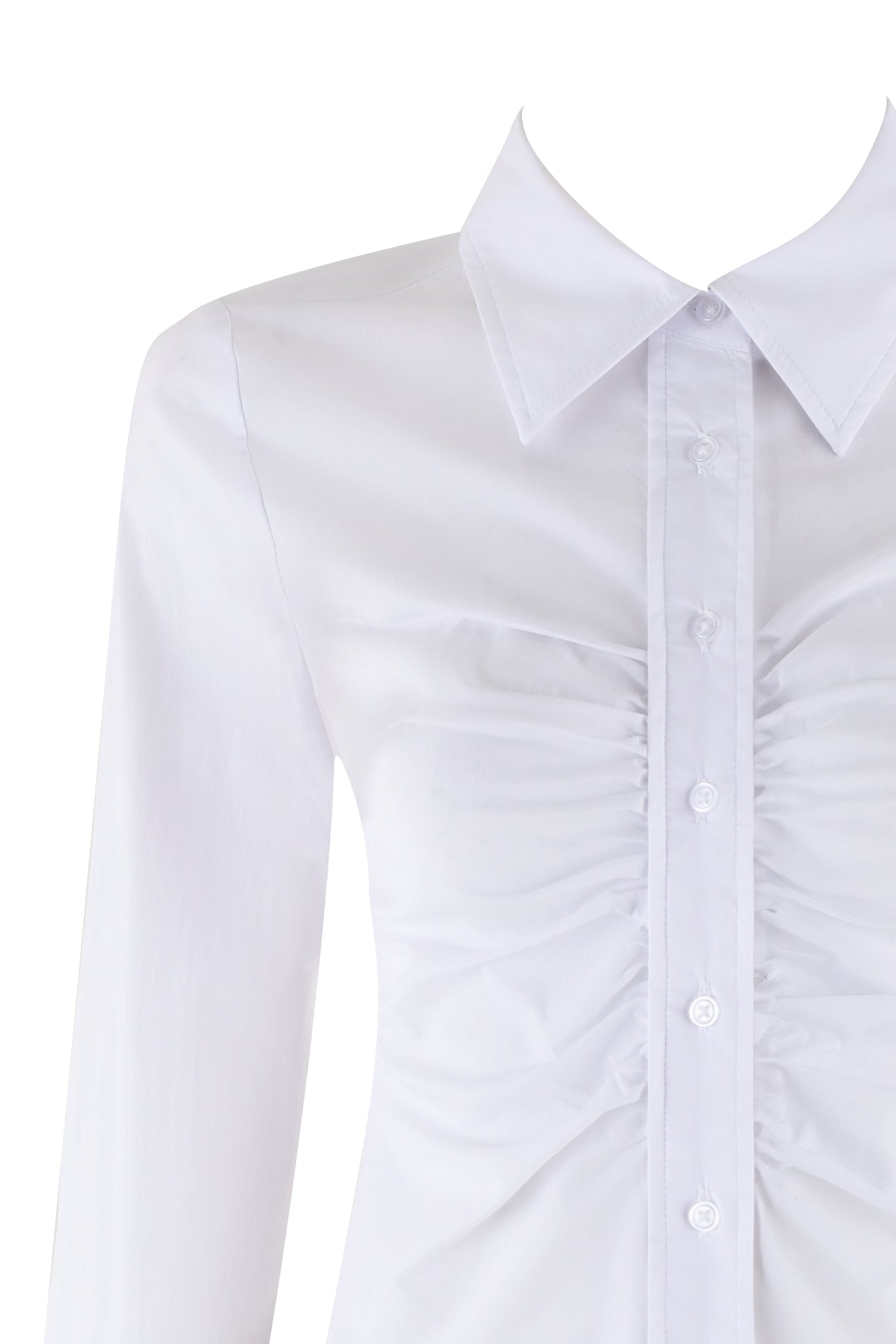 Close-up of the MONICA SHIRT - WHITE by I.AM.GIA, featuring a collared neckline and gathered detailing down the front. The tailored slim fit and smooth, crisp fabric give this white long-sleeve button-down shirt a structured and polished appearance.