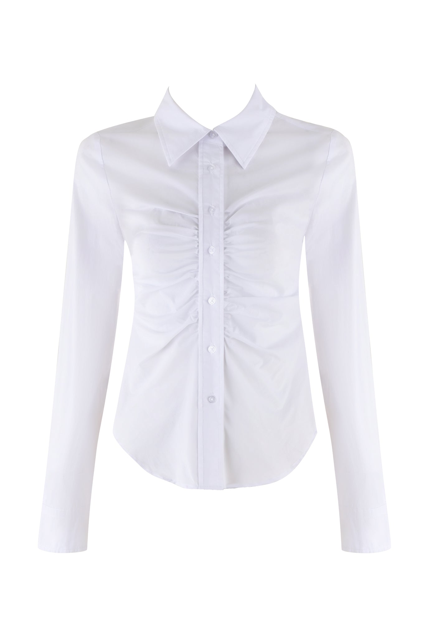 Introducing the MONICA SHIRT - WHITE by I.AM.GIA: a tailored slim fit women's button-down shirt with long sleeves and a slightly curved hem, featuring ruched detailing along the front buttons and a crisp, pointed collar.