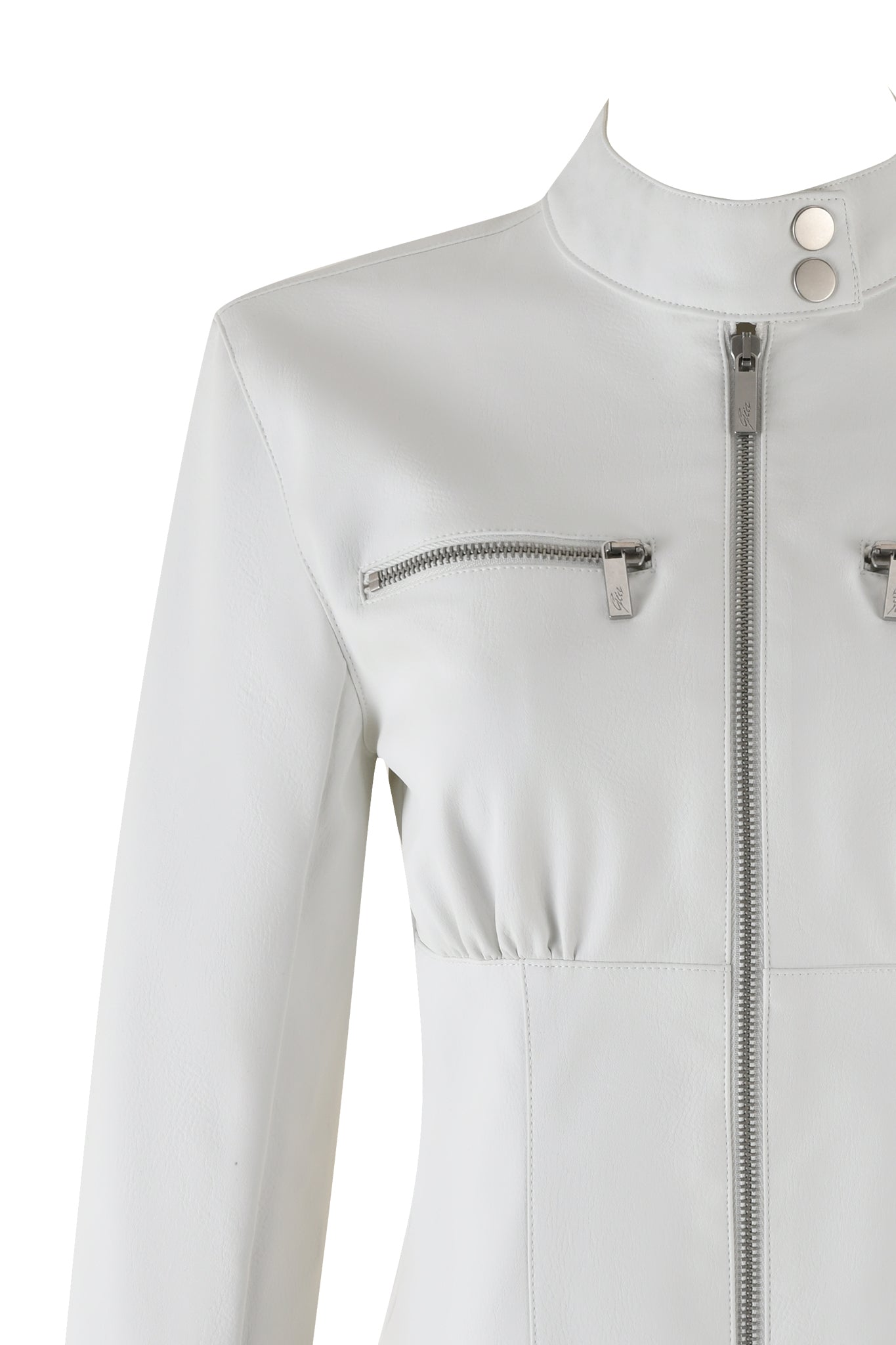 Close-up of the I.AM.GIA EVERETTE JACKET - WHITE, showcasing its textured white faux leather with a high collar. This moto-style jacket features two vertical zipper pockets on the chest and a central zipper running down the front. The collar is fastened with two button snaps, with the image focusing on the upper half of the jacket.