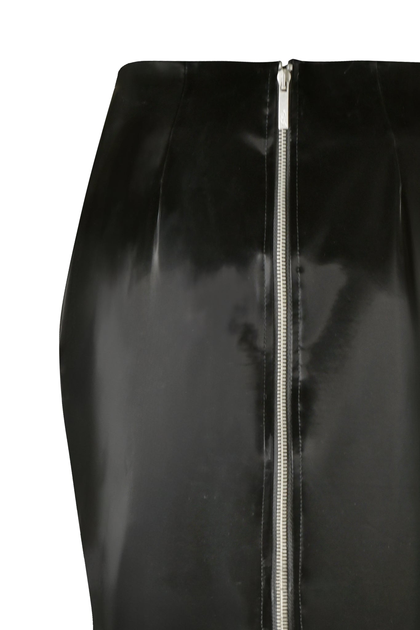 The CARMEN PENCIL SKIRT - BLACK by I.AM.GIA is a shiny black vinyl pencil skirt featuring a silver zipper that runs down the center from the waistband to the hem. This mid-rise waist skirt has a bodycon silhouette, reflecting light and offering a sleek, glossy appearance.
