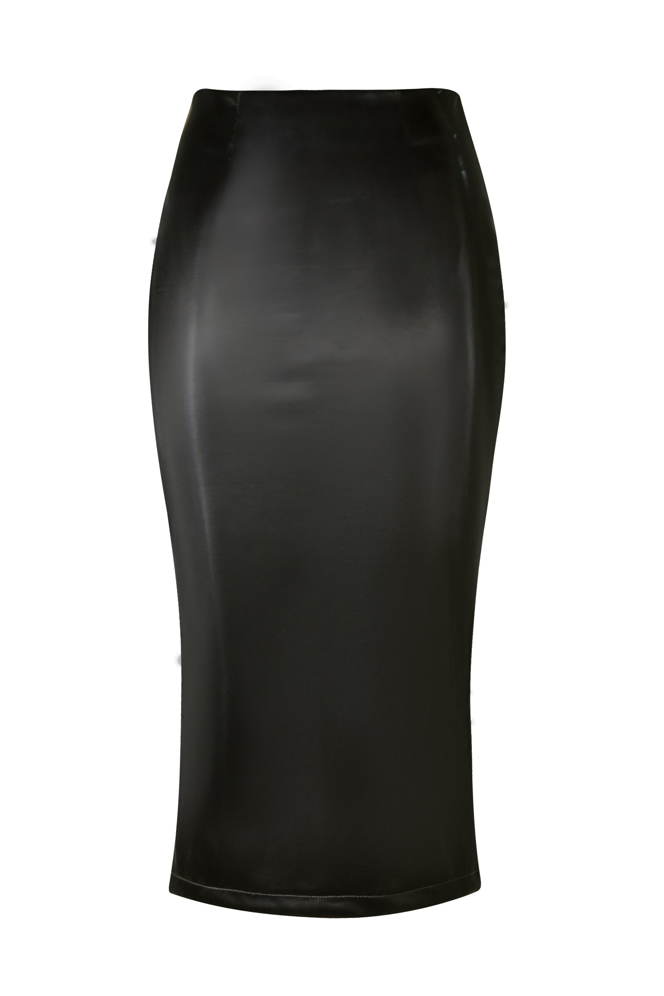 The CARMEN PENCIL SKIRT - BLACK by I.AM.GIA is a sleek faux leather pencil skirt featuring a mid-rise waist and a form-fitting design that falls just below the knee. With its smooth, glossy finish, the skirt maintains an elegant simplicity without any visible embellishments or patterns.