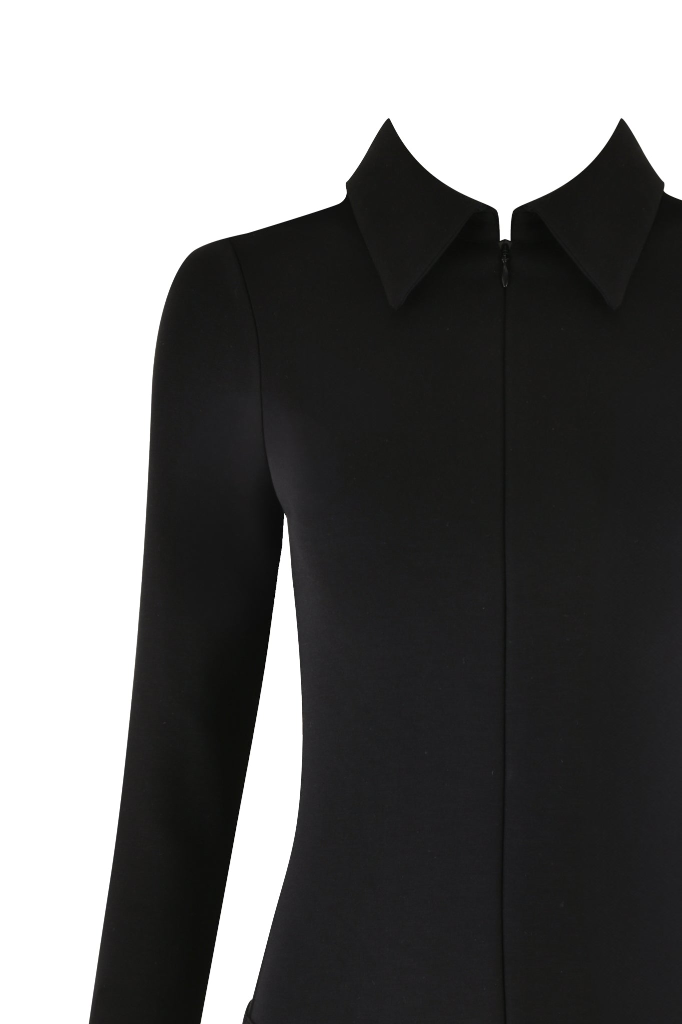 A close-up of the TASMIN MINI DRESS - BLACK by I.AM.GIA, featuring long sleeves, a pointed collar, and a center front zipper, captures the bodycon silhouette. The image is focused on the upper torso and does not show the face or lower body of the person wearing the dress.