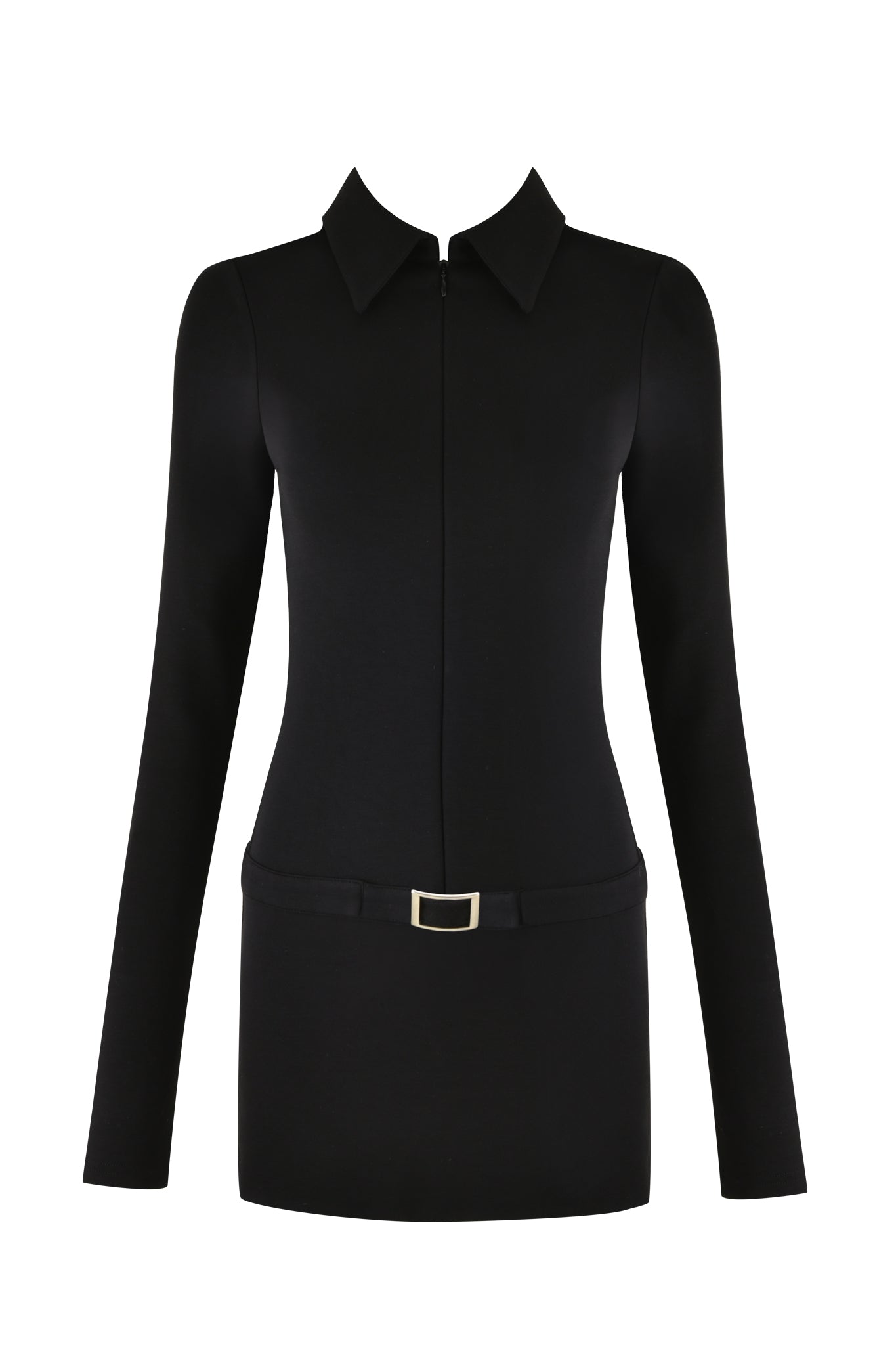 The TASMIN MINI DRESS - BLACK by I.AM.GIA is a sleek and simple black mini dress with a fitted bodycon silhouette. It features a front zipper that extends up to the collared neck and includes a belt around the waist with a rectangular gold buckle.