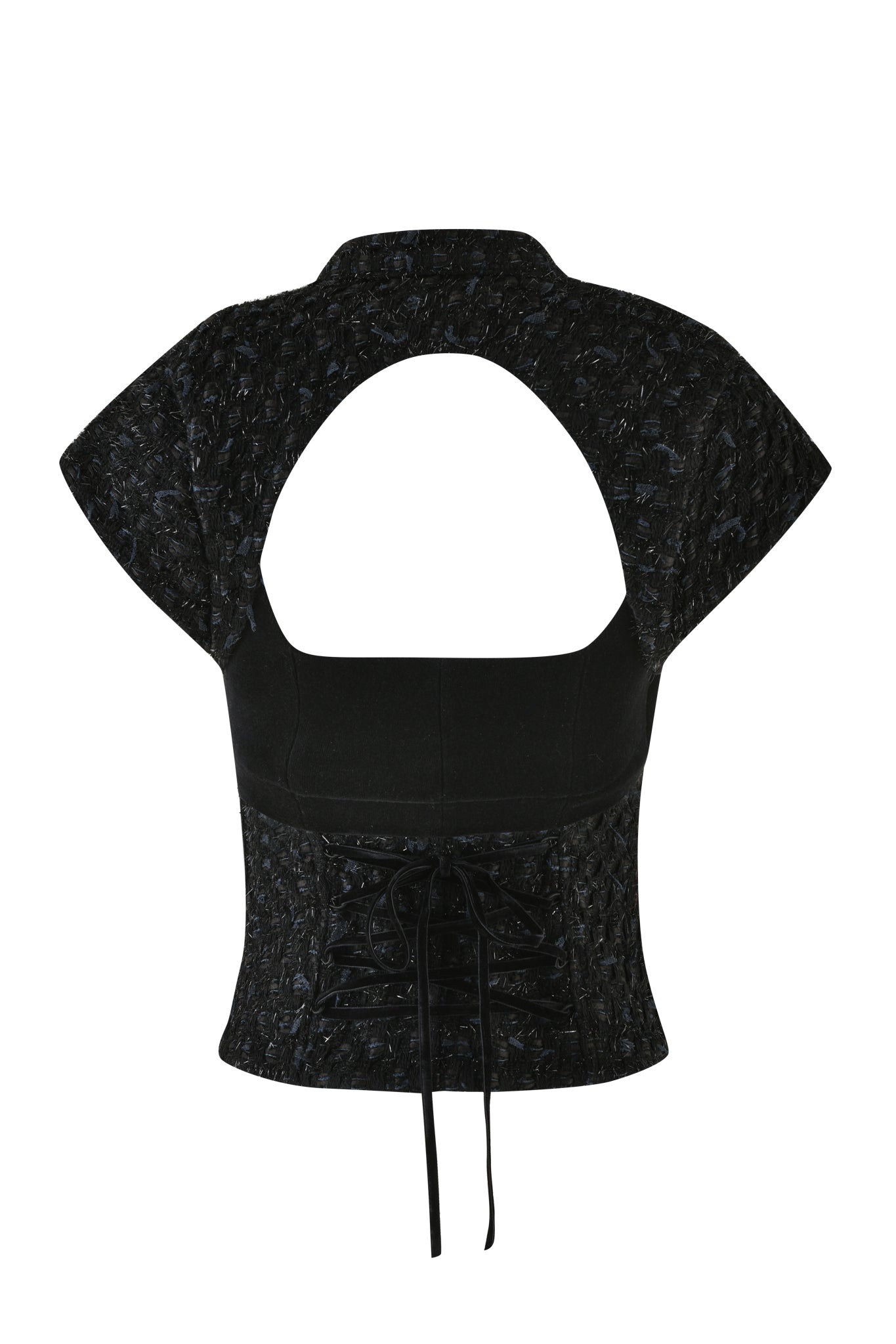 The SAFFRON 3 PIECE CORSET - BLACK by I.AM.GIA is a structured top with short, cap sleeves and an open-back design. It features a high collar and lace-up detail at the lower back, creating a corset-like allure. The textured fabric, reminiscent of boucle, adds a stylish element to the garment.