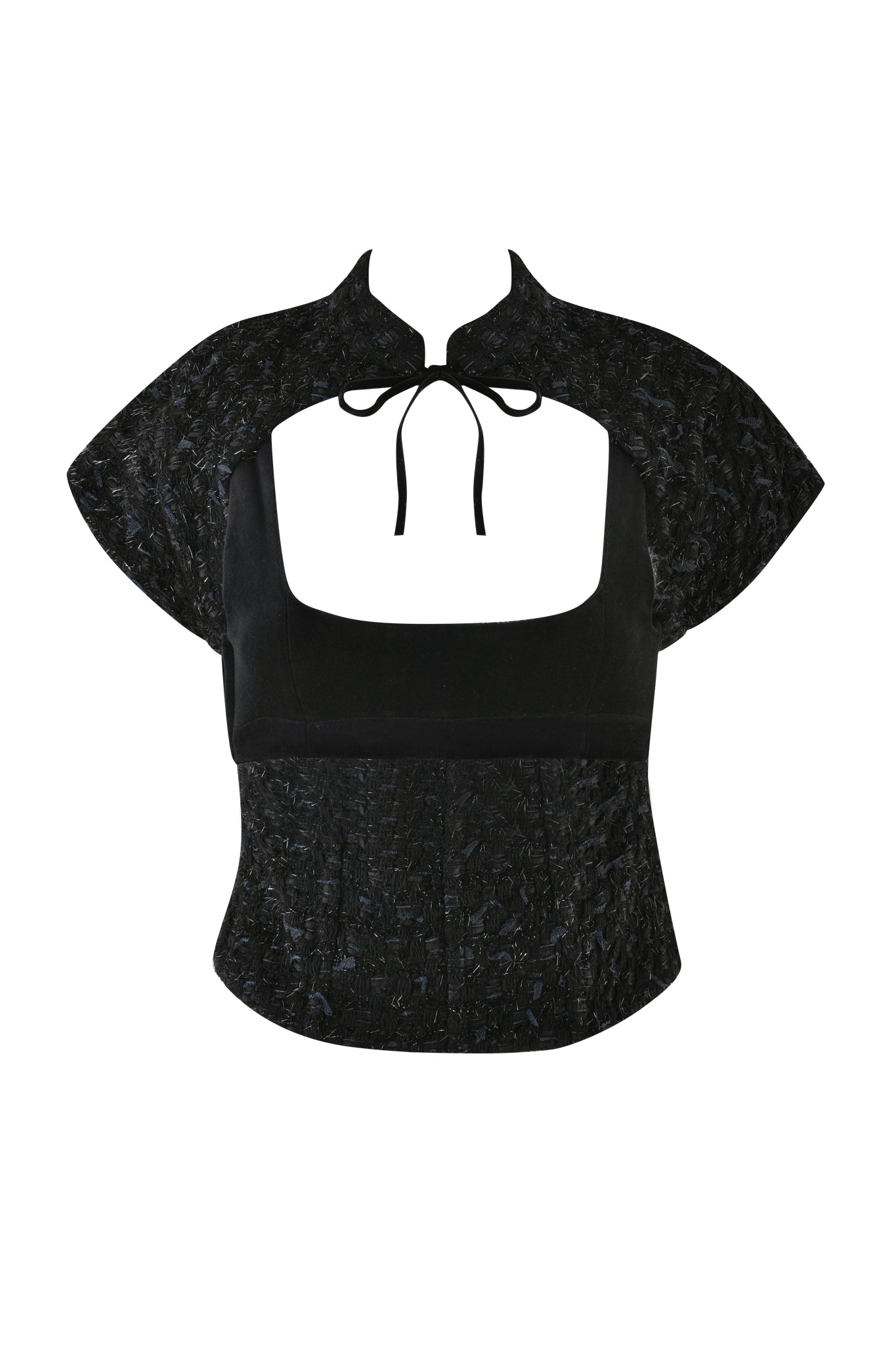 The SAFFRON 3 PIECE CORSET - BLACK by I.AM.GIA features a textured, short-sleeve crop top with a high collar and a wide square neckline. The corset-inspired collar is tied at the front, while the sleeves have a slight cape-like flare, creating a distinctive and stylish look.