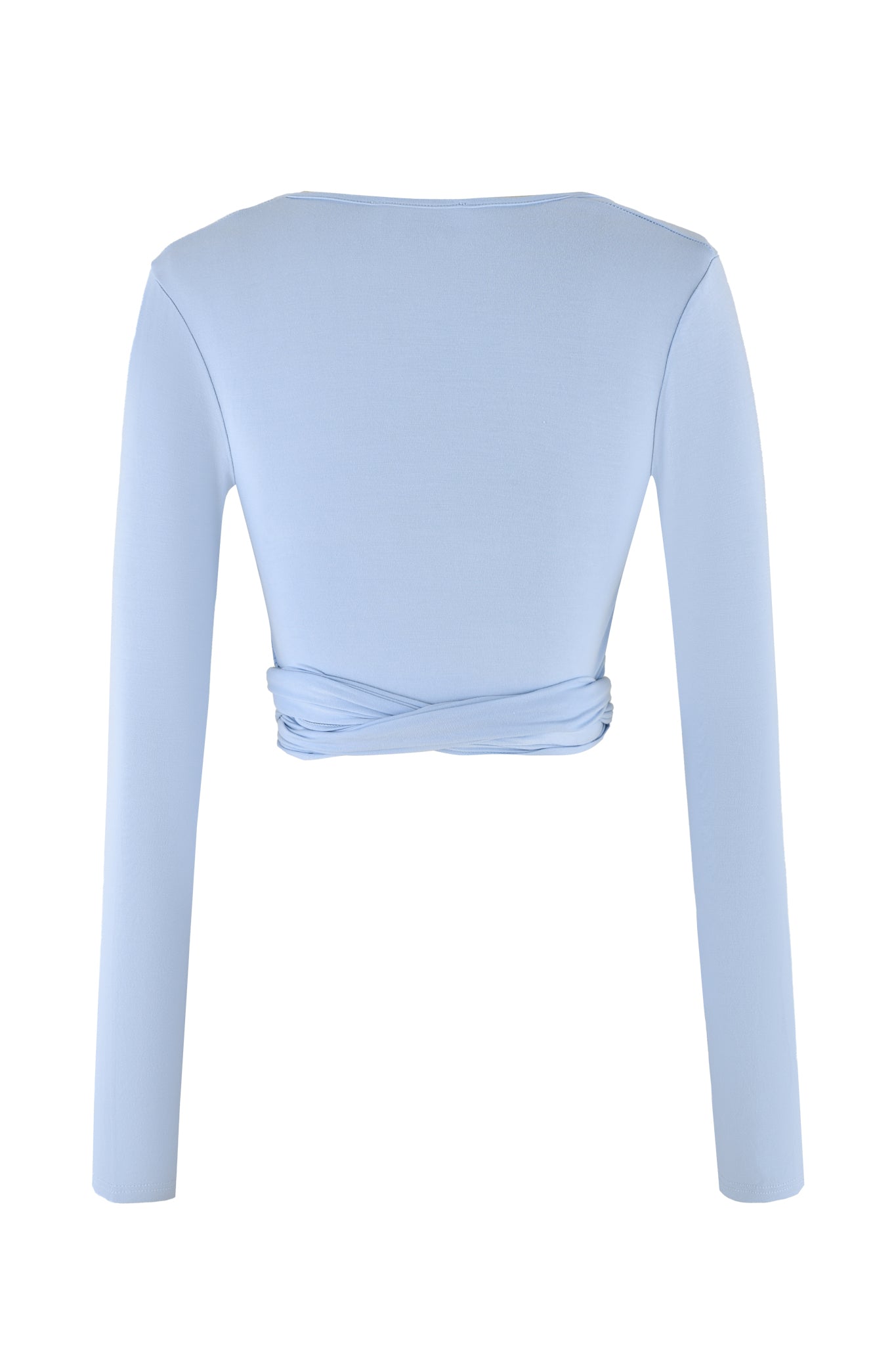 The AMRIA TOP in Powder Blue from I.AM.GIA features long sleeves and a unique wrap-around detail at the back. Made from soft and stretchy bamboo fabric, this top offers a bodycon fit. It has a minimalist design with a scoop neckline, while the back displays an elegant crossover wrap near the waist for added sophistication.
