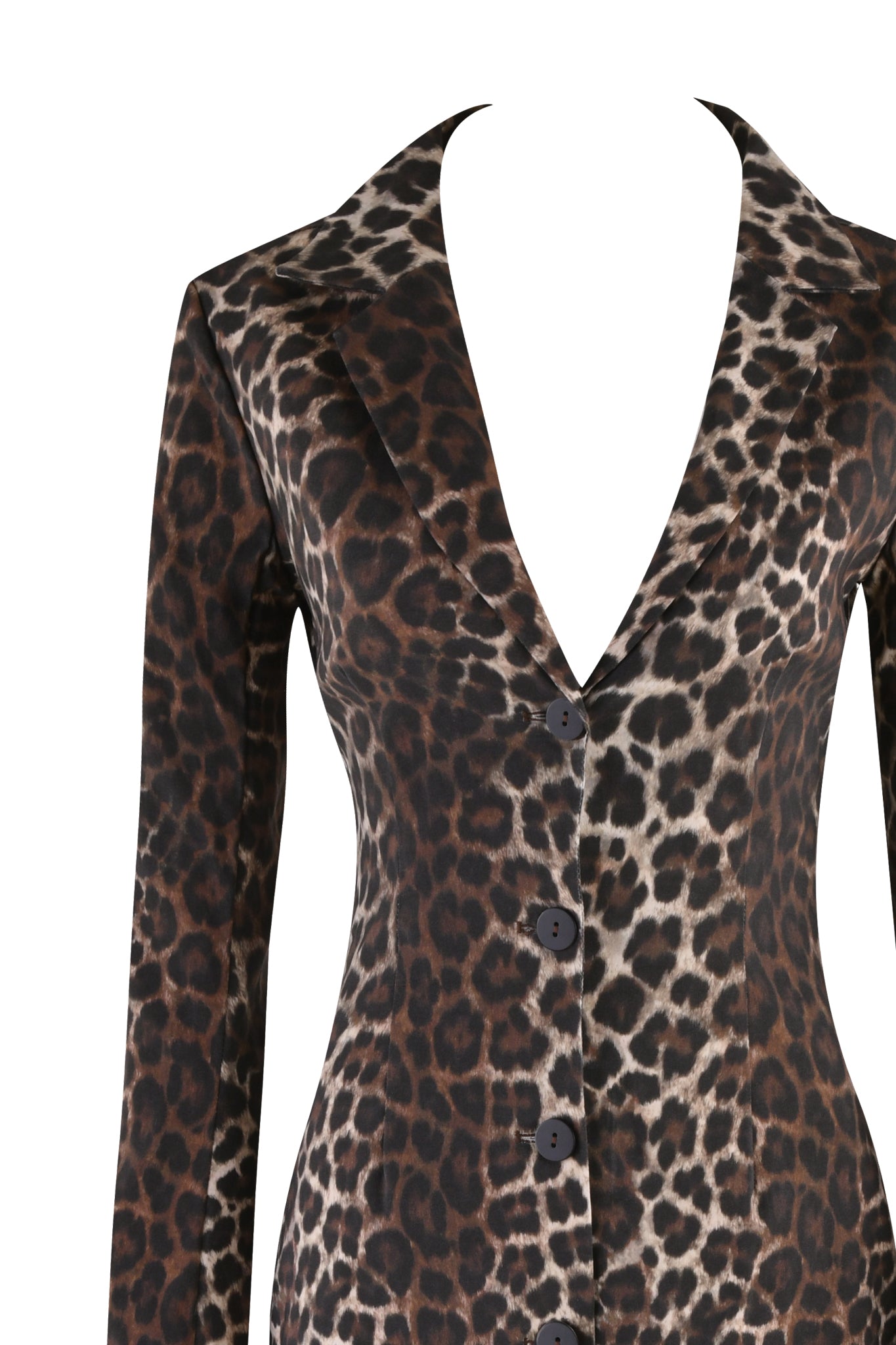 An image of the UMA COAT - NEUTRAL : LEOPARD by I.AM.GIA, a midi-length coat featuring a deep V-neckline. The tailored fit blazer is fastened with four black buttons down the front and showcases a blend of dark brown and light brown spots typical of a leopard pattern.