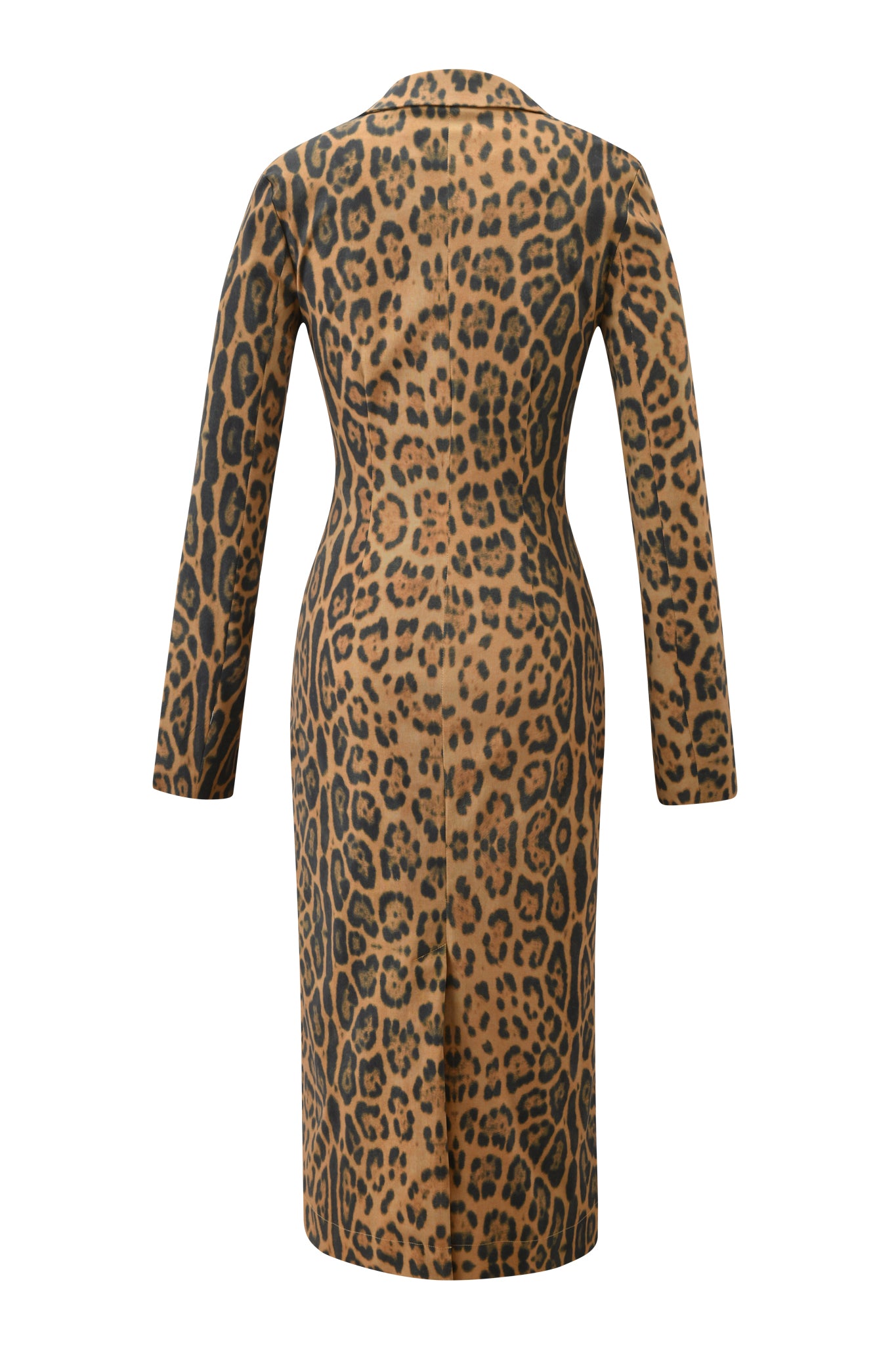 The UMA COAT - PANTHERA by I.AM.GIA is a long-sleeved, knee-length coat with a tan and black leopard print, shown from the back. It features a tailored fit and straight silhouette for a chic, modern look.