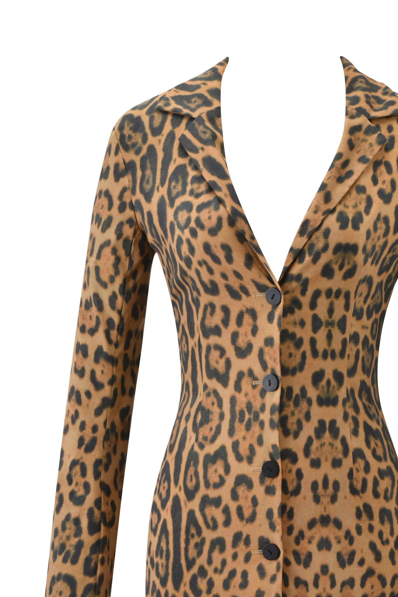 A close-up of the I.AM.GIA UMA COAT - PANTHERA, a long-sleeved coat with a brown and black leopard print, black front buttons, and a deep V-neckline. The head and lower part of the coat are not visible.