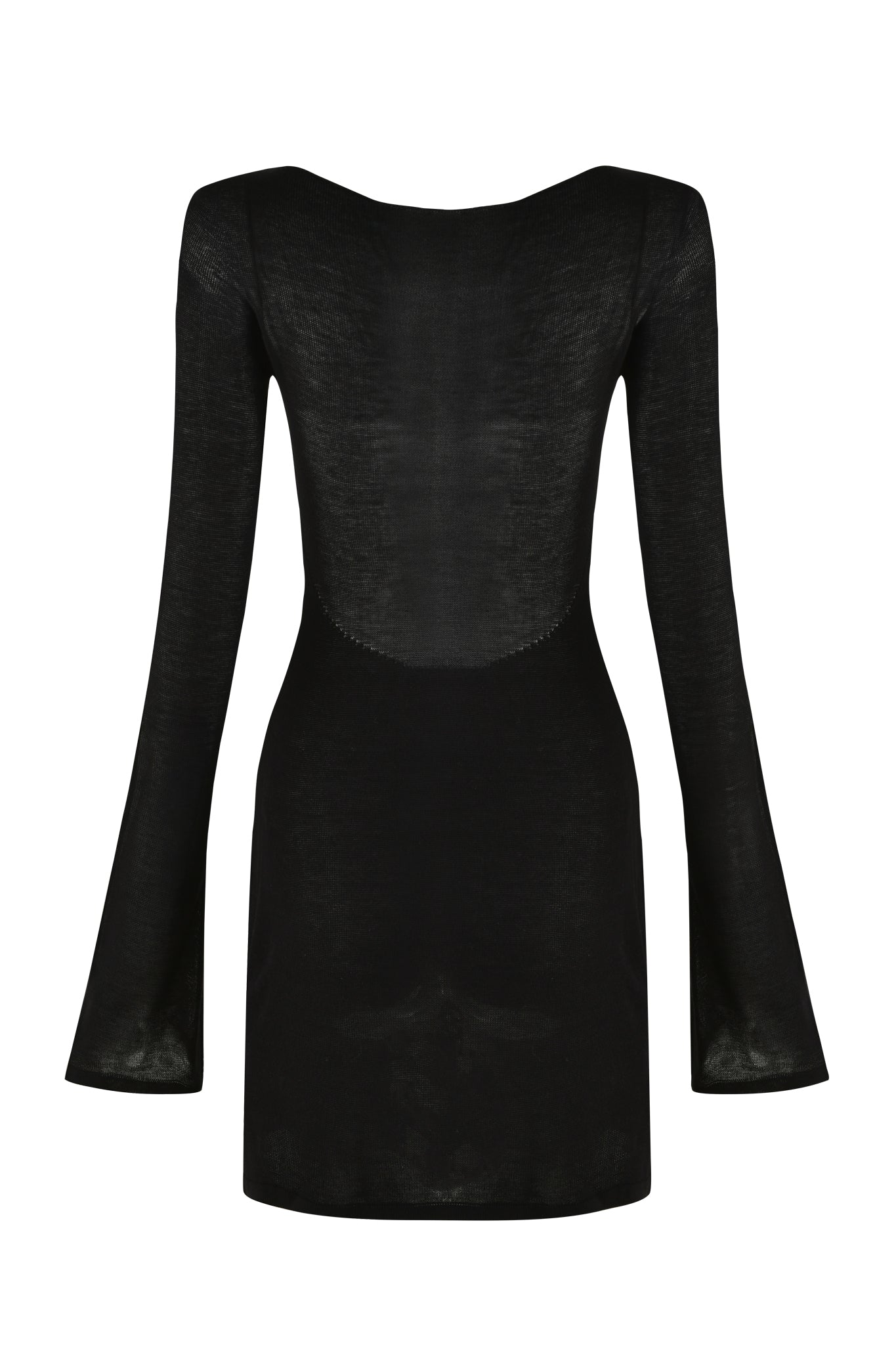 The I.AM.GIA VIOLET KNIT DRESS in black, displayed on a plain white background, showcases a fitted silhouette with slightly flared sleeves and a high, rounded neckline. The fabric appears slightly sheer and soft.
