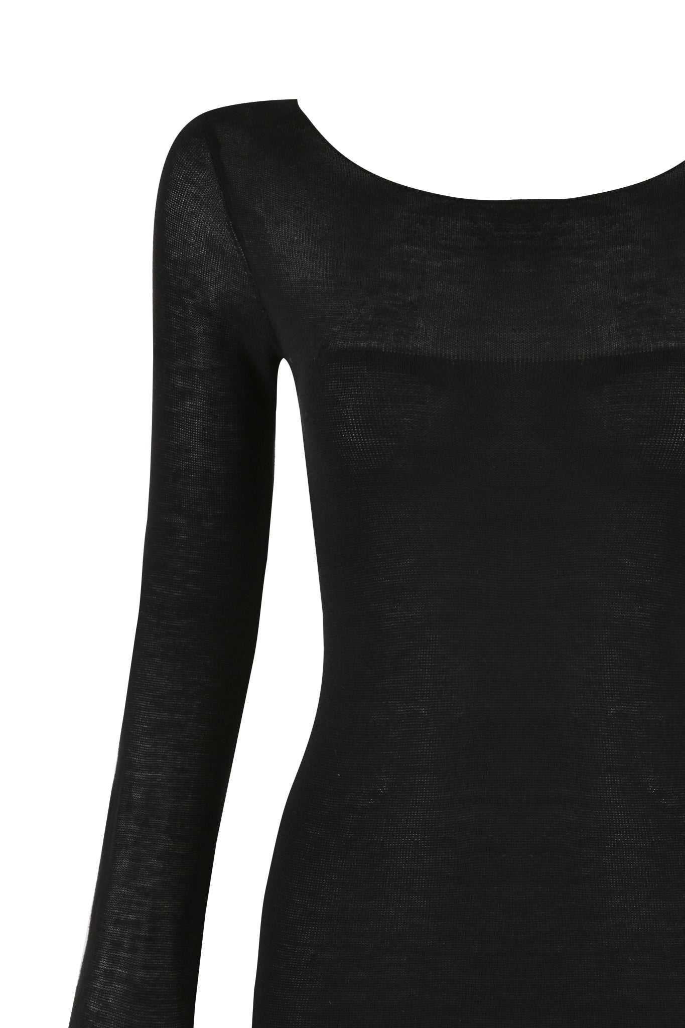 A close-up image of the VIOLET KNIT DRESS - BLACK by I.AM.GIA. The dress showcases true knit fabrication with a wide, rounded neckline and a form-fitting silhouette. The fabric appears slightly sheer, emphasizing the texture and weave of the material. The image focuses on the upper portion of the dress.