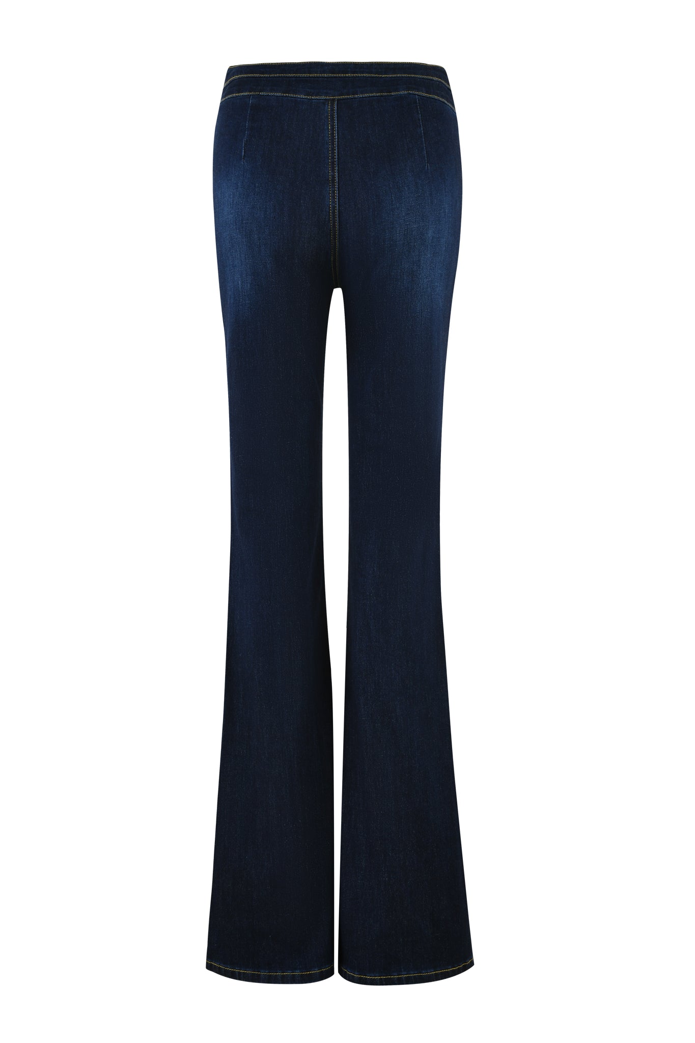 Image of the I.AM.GIA ELLENA JEAN 2.0 - BLUE : DARK WASH, viewed from the back. These high-waisted flare jeans feature a simple design with visible stitching along the waist, pockets, and down the legs. Crafted from stretch denim for added comfort and flexibility, they boast a classic flared silhouette.