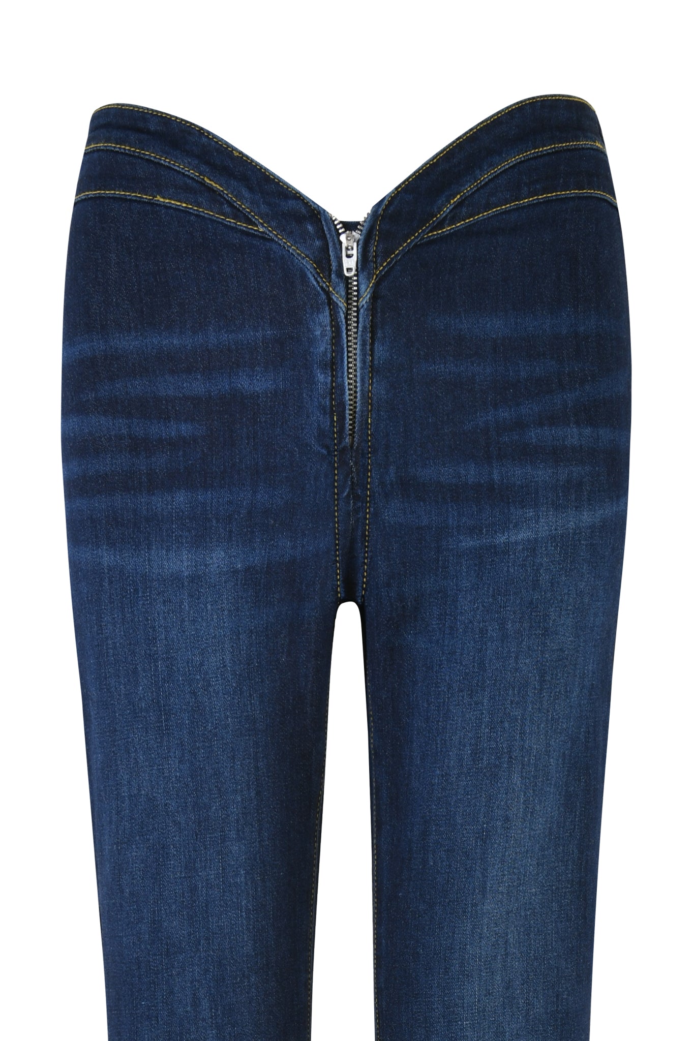 The ELLENA JEAN 2.0 in dark wash blue by I.AM.GIA features a flared silhouette and a zipper detail at the center of the waistband, along with light fading on the thighs and yellow stitching along the seams. The image spotlights the front view of these jeans from the waist down to the upper legs.