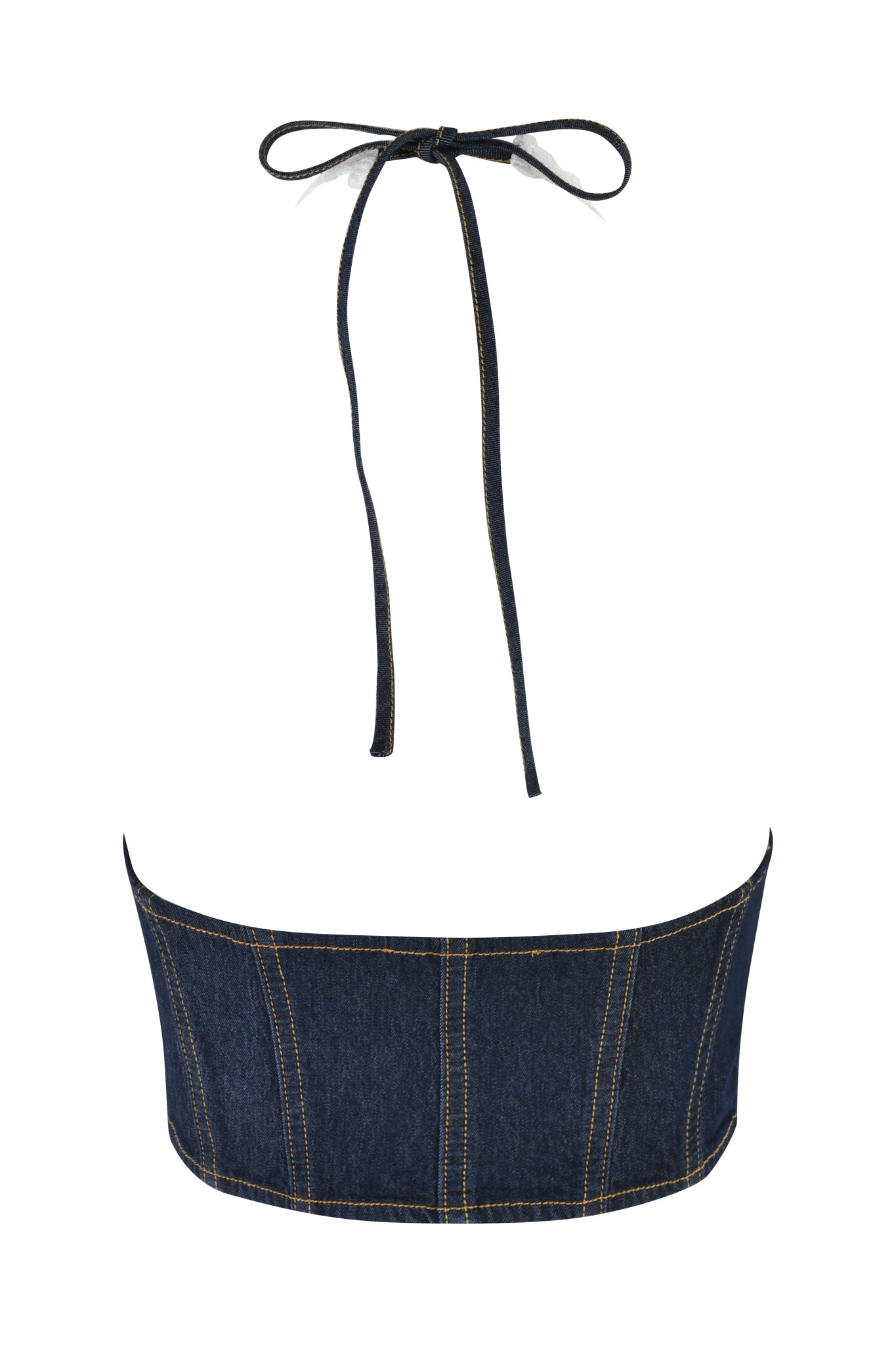 A dark wash denim halter top from I.AM.GIA, known as the ELLENA CORSET - BLUE, features a tie-neck closure and visible stitching. The structured, bodycon fit enhances its fitted appearance, while the stretch denim fabric and seams stand out against the white background.