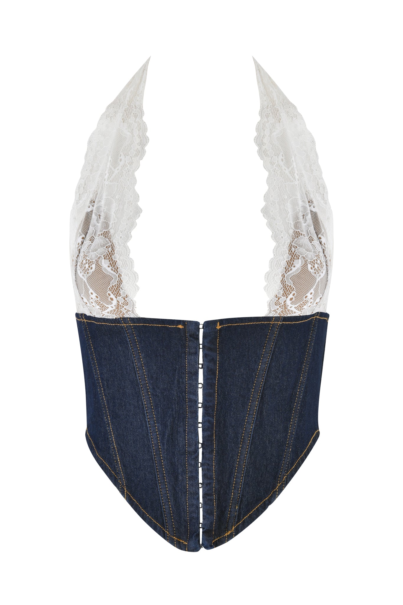 The ELLENA CORSET - BLUE : DARK WASH by I.AM.GIA is a strapless, dark blue corset featuring front hook-and-eye closures and high lace accents extending upwards from the bust. Made of stretch denim with visible stitching, this bodycon fit design beautifully showcases the intricate, delicate patterns of white lace.