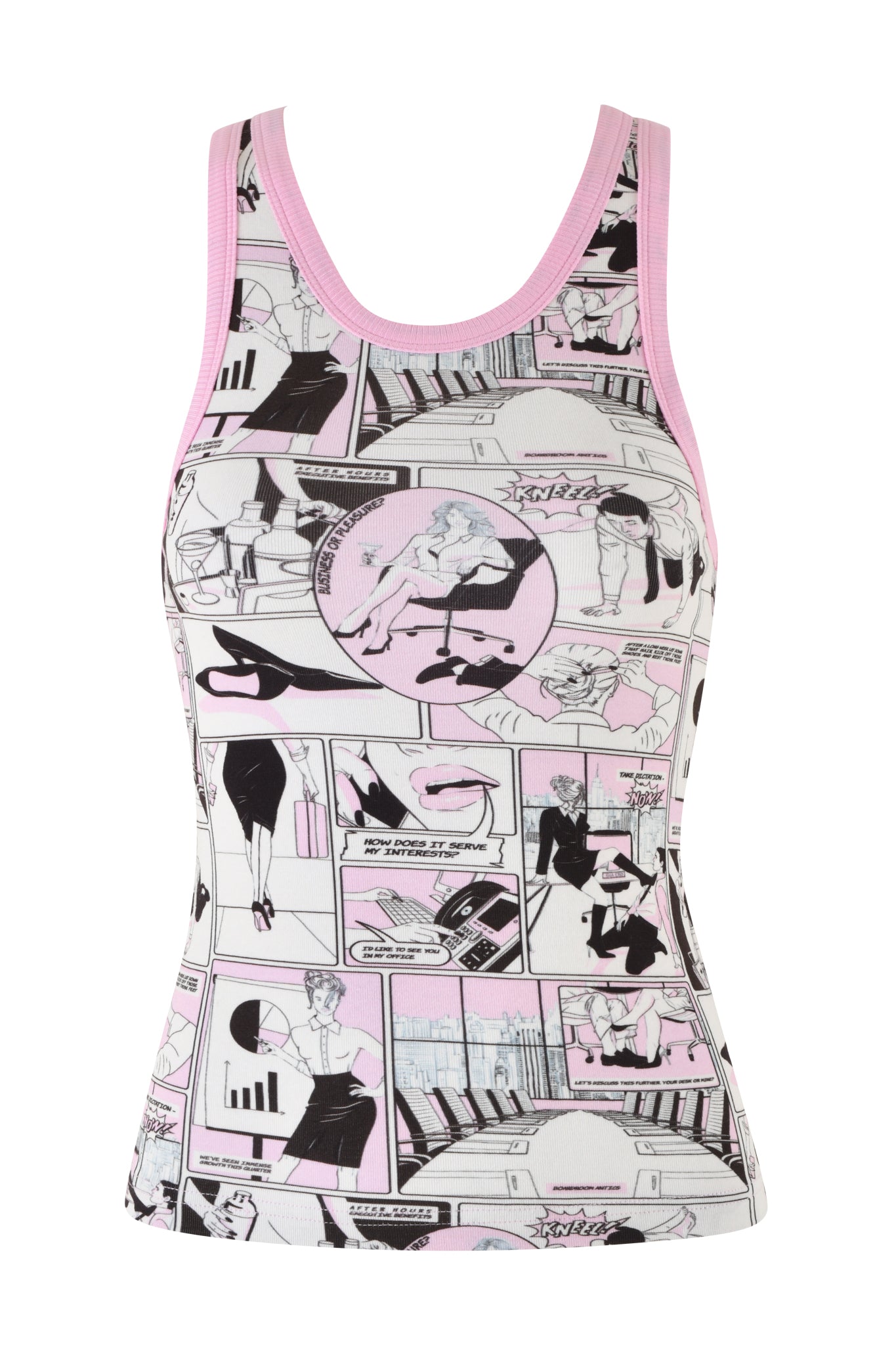 The PENELOPE TANK - PINK :COMIC PRINT by I.AM.GIA is a stylish, sleeveless racer tank featuring a vivid comic book print in black, white, and pink. The fabric is adorned with pop art-style illustrations and dialogues, while the neckline and armholes are highlighted with vibrant pink trim.