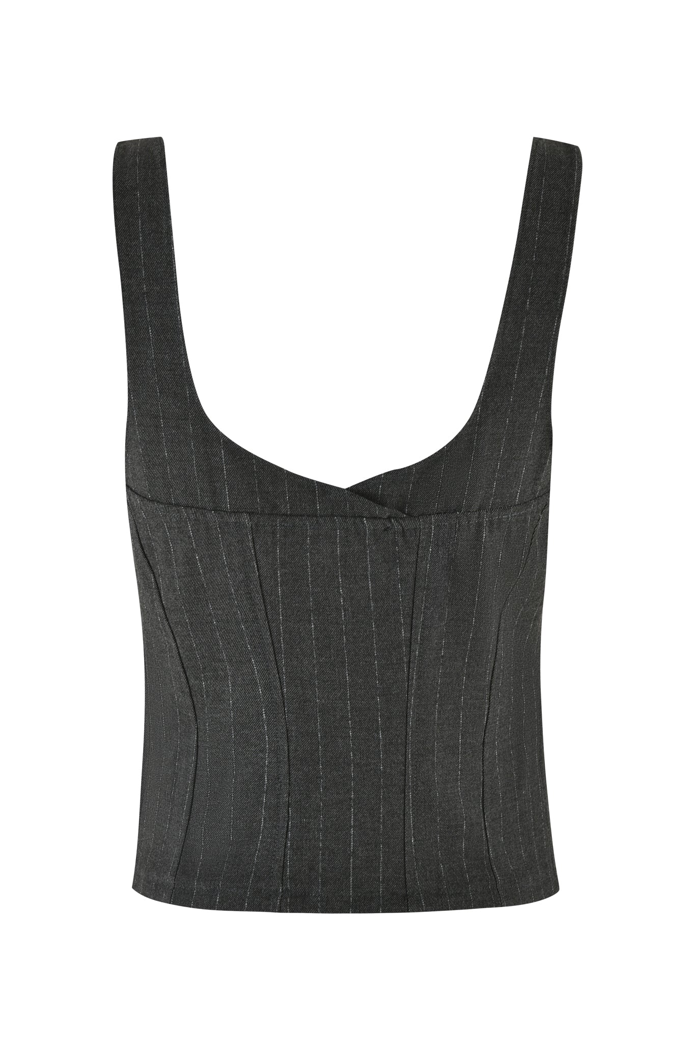 The I.AM.GIA MARRION CORSET in grey pinstripe is a structured sleeveless crop top featuring thick shoulder straps and subtle vertical pinstripes. The fabric has a slight sheen and boasts a curved neckline adorned with white scalloped lace trim, alongside lightly contoured panels for a tailored fit silhouette.