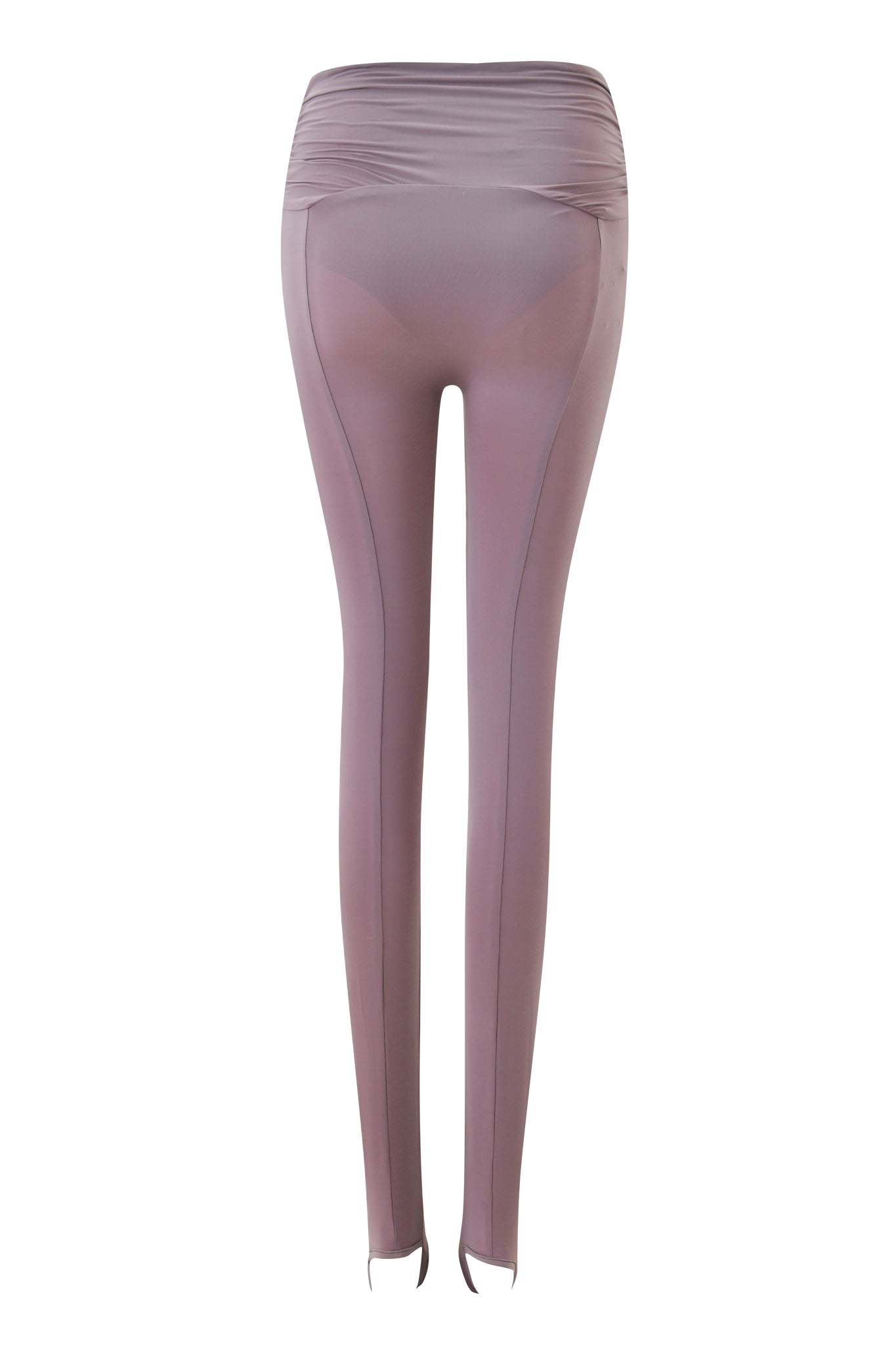 The I.AM.GIA NERINA LEGGING in Dusty Lilac features high-waisted, sheer hosiery fabric with visible seams, a ruched waistband, full length, and ankle stirrups. Displayed against a white background.