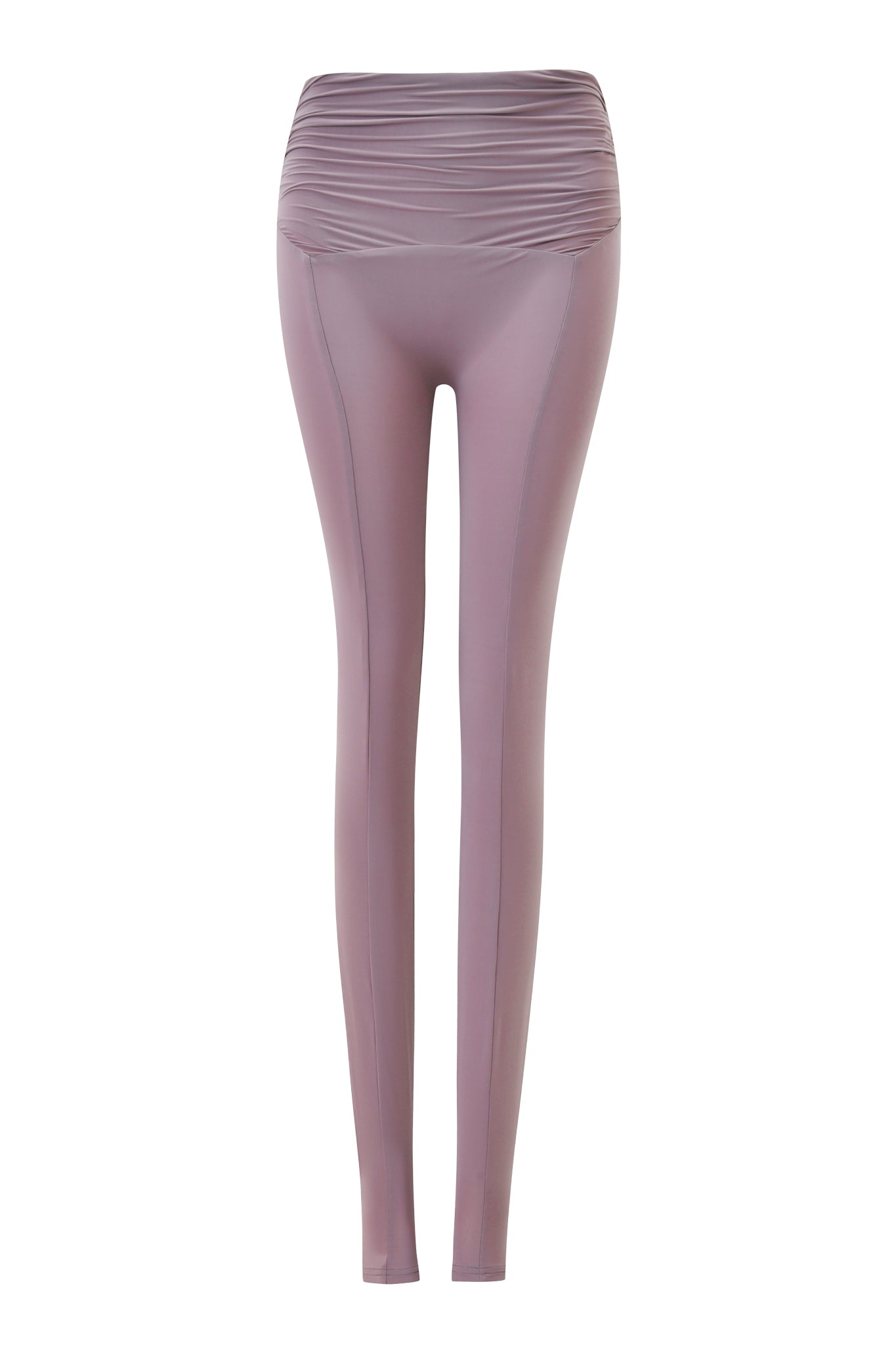 The I.AM.GIA NERINA LEGGING in Dusty Lilac features a high waist, ruched waistband, and fitted full-length silhouette crafted from soft hosiery fabric, shown on a white background.