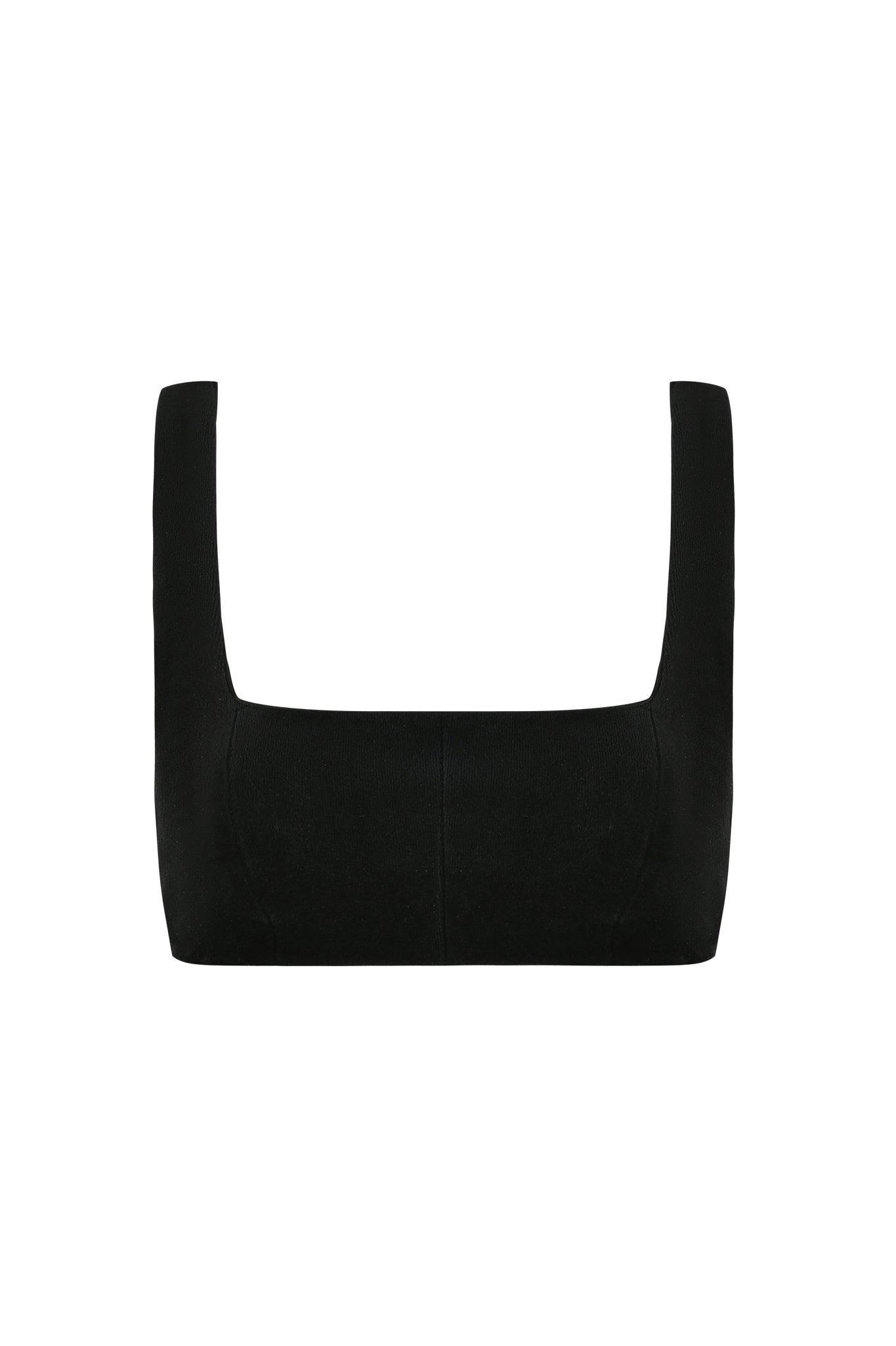 The LAURA CROP TOP - BLACK by I.AM.GIA is a black cropped tank top featuring a square neckline and thick shoulder straps. This minimalist piece resembles a simple black bralette, with no visible patterns or logos. The fabric is smooth and stretchy, offering both style and comfort.