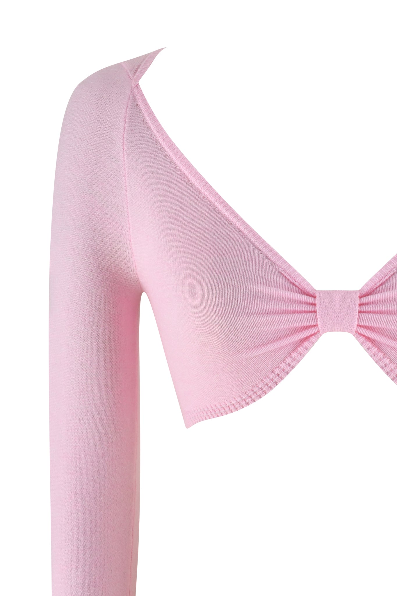 A close-up of the I.AM.GIA MORGANA CROP TOP in baby pink features a knotted chest detail. Made from ultra-soft knit fabric, it offers a stretchy, bodycon fit, shown against a white background highlighting its top and sleeve.