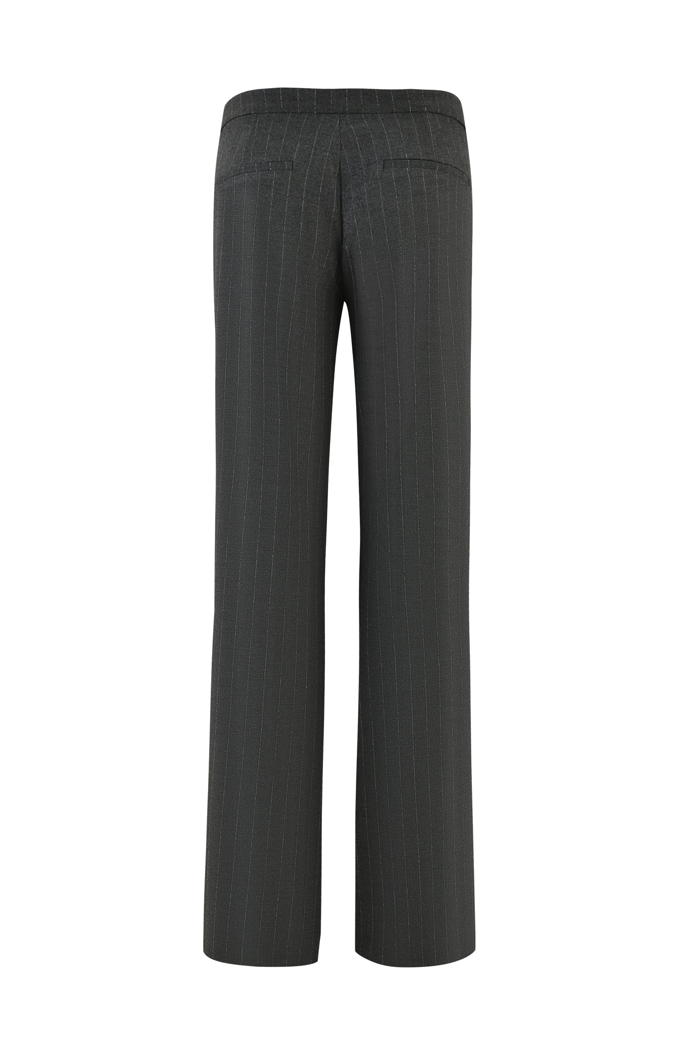 The MARRION PANT - GREY : PINSTRIPE by I.AM.GIA is displayed from the back, showcasing its straight-leg silhouette along with the back pockets and waistband. These grey pinstripe trousers feature a subtle vertical stripe pattern.