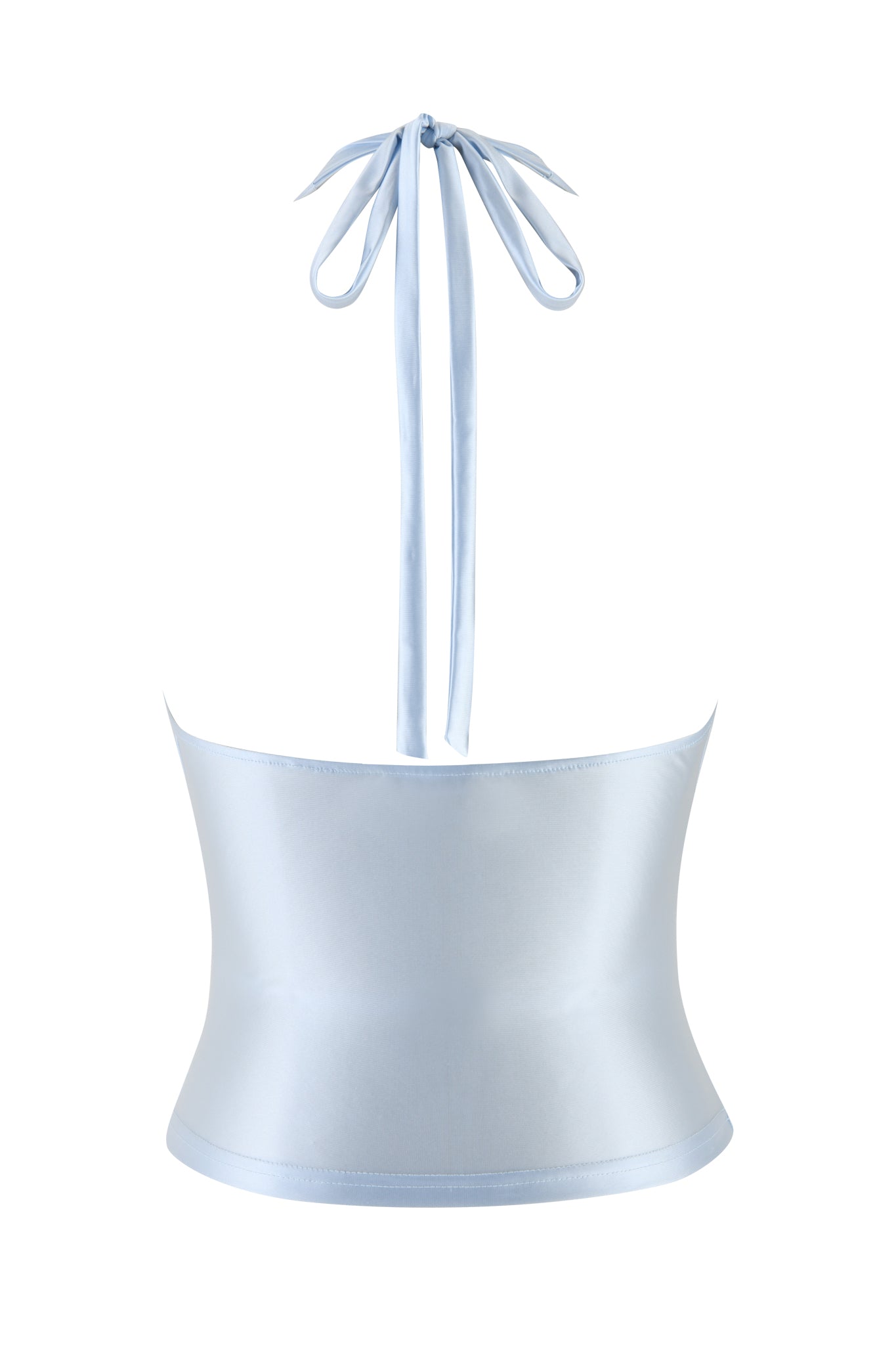 The ELYSIA TOP - BLUE : BABY BLUE from I.AM.GIA is a corset-style halter neck top crafted from shiny satin knit fabric with a smooth finish. The back showcases the tie extending upward, and it boasts a fitted design for a sleek and elegant look.