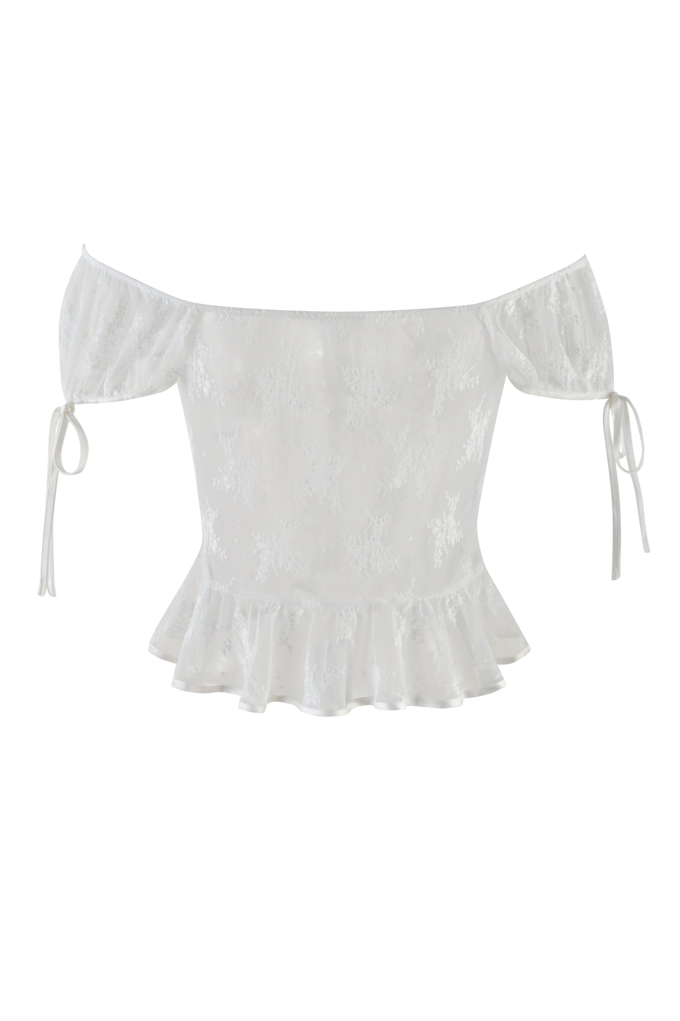 The DASHA TOP in Snow White by I.AM.GIA is an off-shoulder blouse crafted from sheer stretch lace. It features a relaxed fit with short sleeves and a ruffled hem. The delicate adjustable tie details and subtle floral lace pattern enhance its texture and elegance, offering comfort and style.