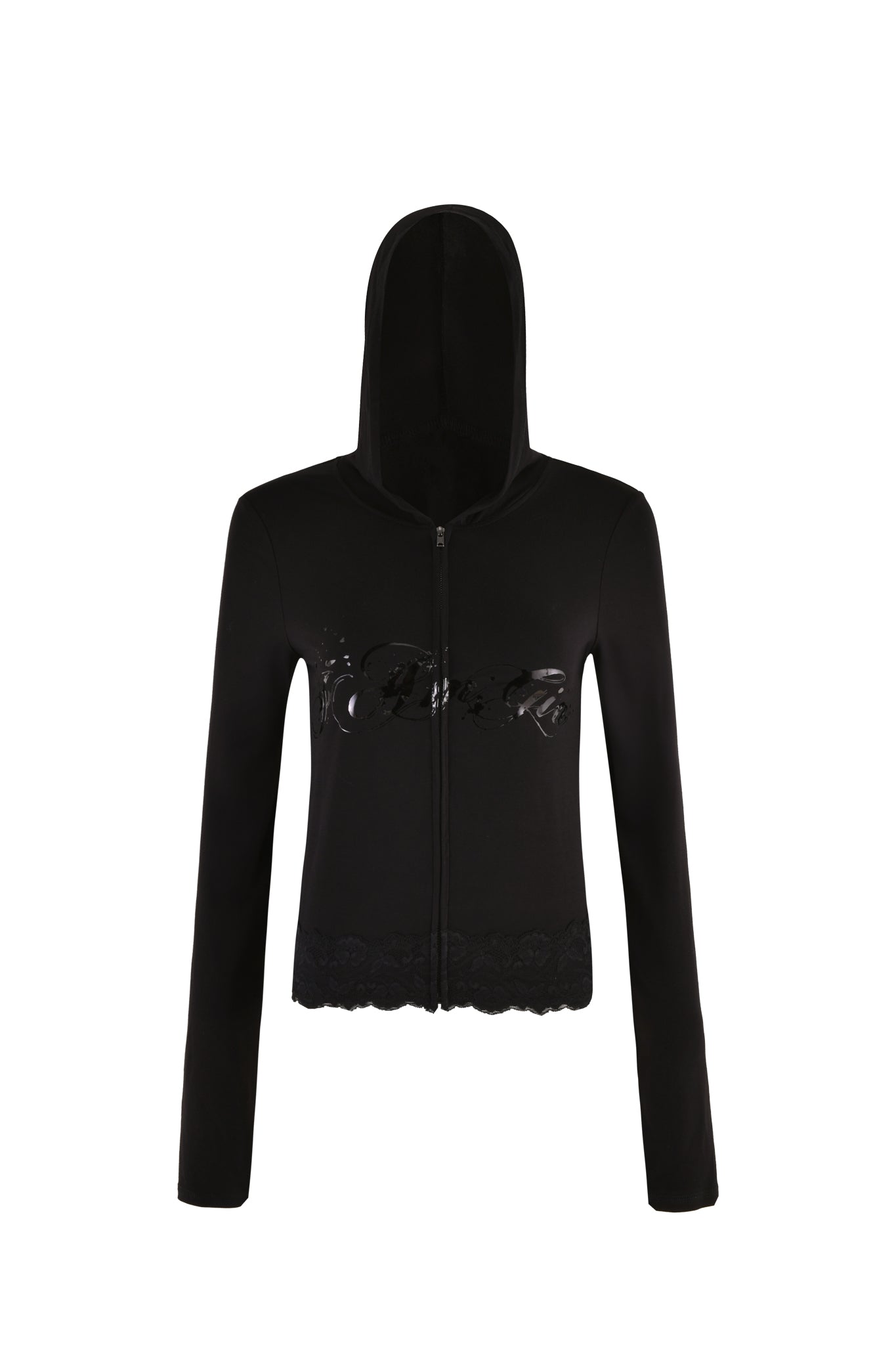 Description: The TARSHA JACKET - BLACK : TRUE BLACK by I.AM.GIA is a black hooded zip-up jacket with a glossy floral design across the chest and a lace trim at the hem. Featuring long sleeves and a bodycon silhouette, this slim fit jacket showcases the I.AM.GIA logo on the front zipper.